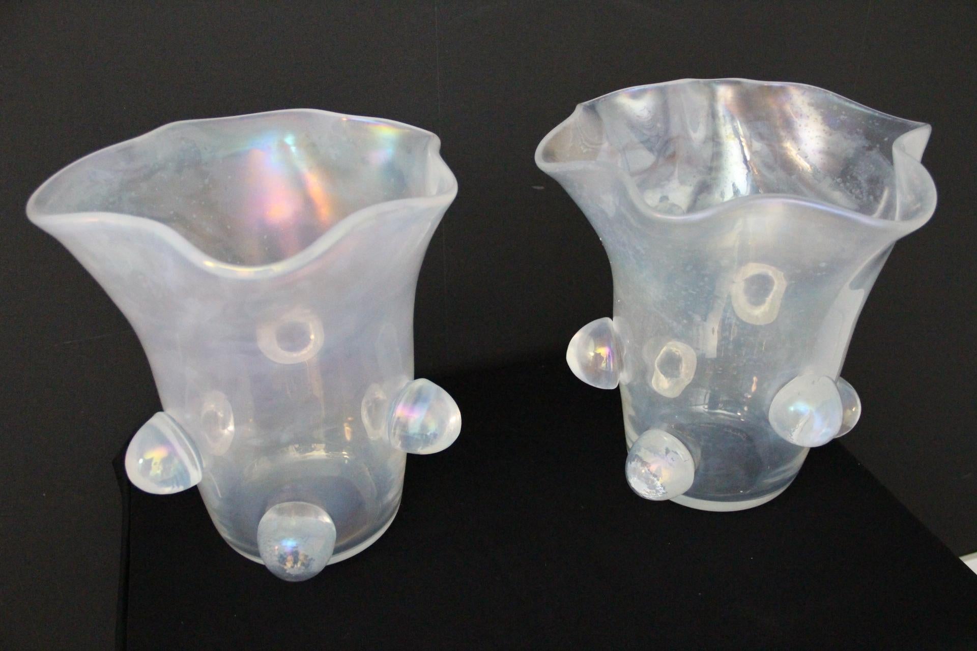 Pair Of Iridescent Mother-of-Pearl Murano Glass Large Vase Signed Cenedese For Sale 1