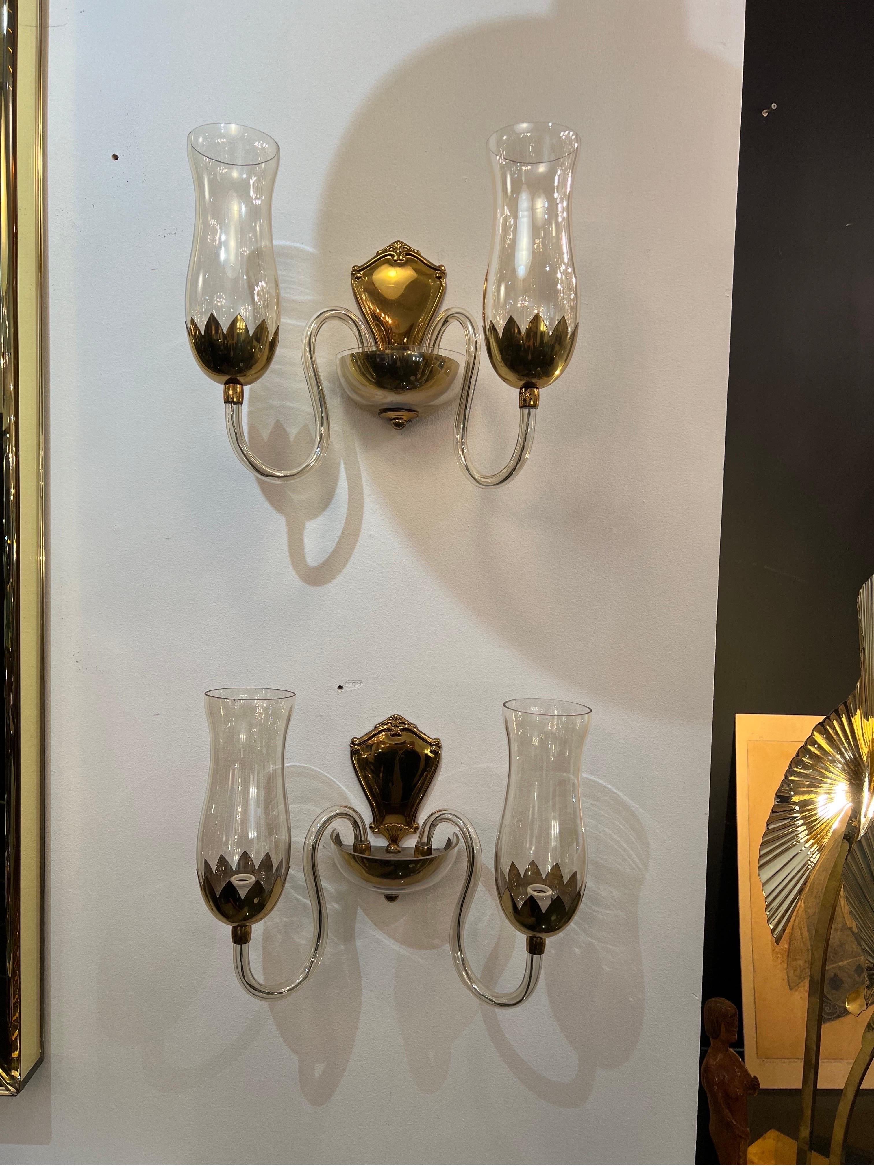 20th Century Pair of Iridescent Murano Glass and Brass Wall Sconces