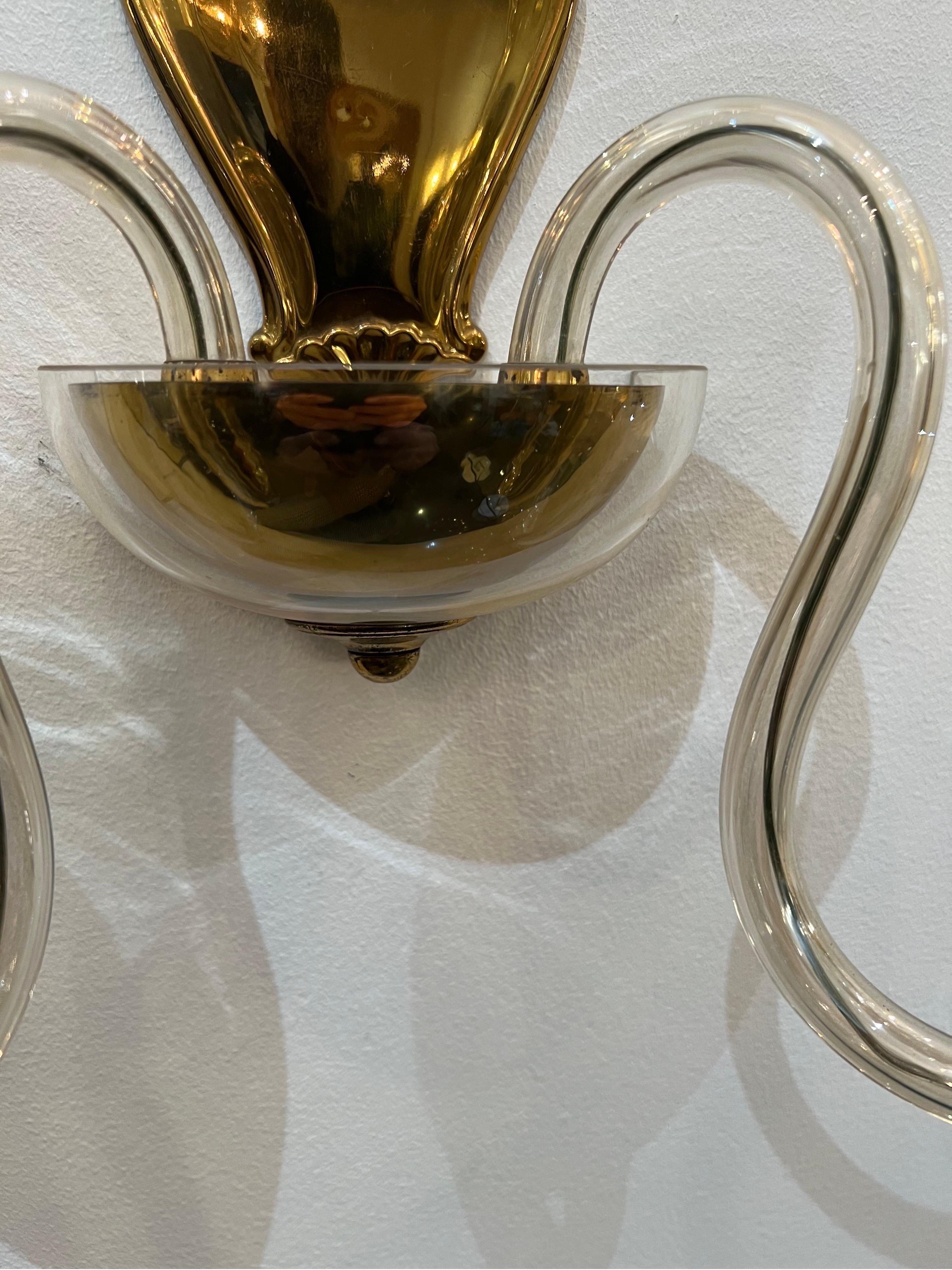 Pair of Iridescent Murano Glass and Brass Wall Sconces 1