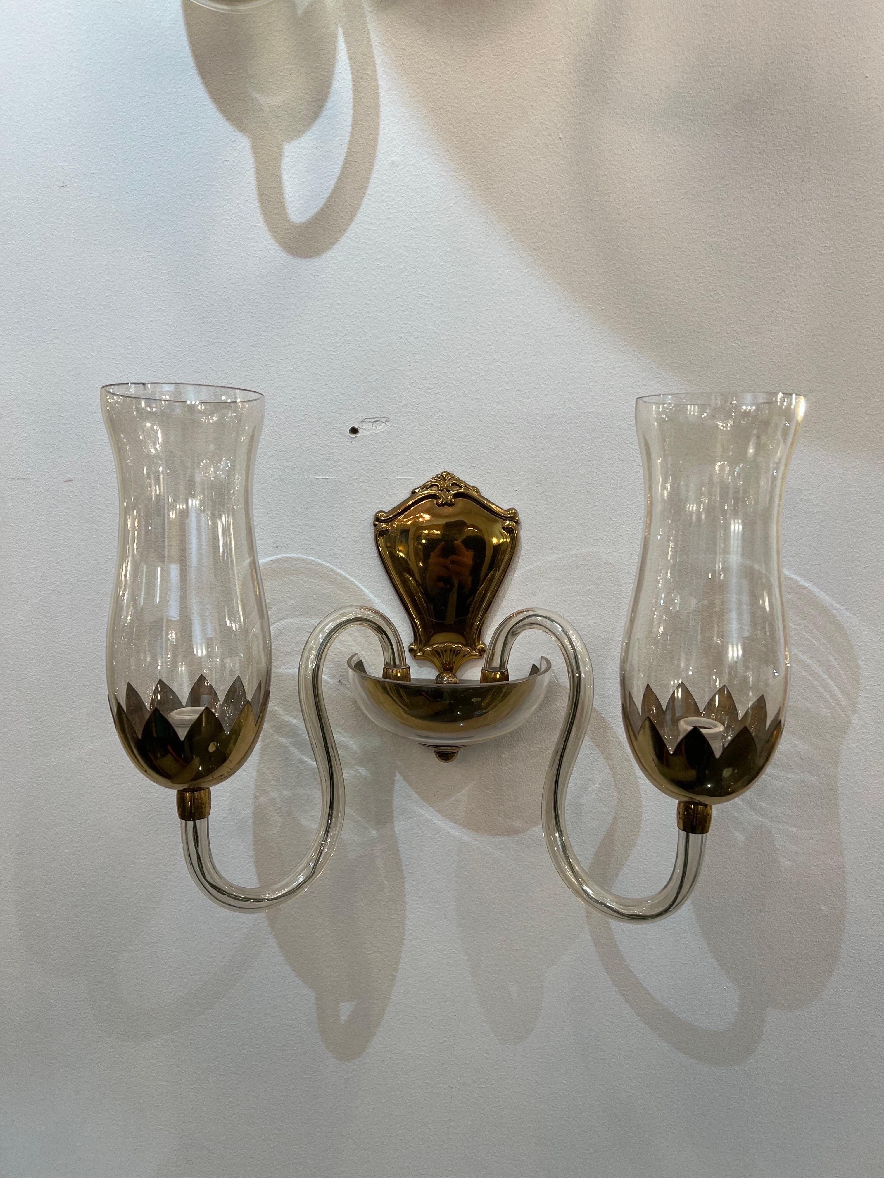 Pair of Iridescent Murano Glass and Brass Wall Sconces 2
