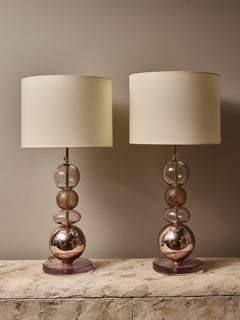 Pair of Iridescent Murano Glass Pink Table Lamps