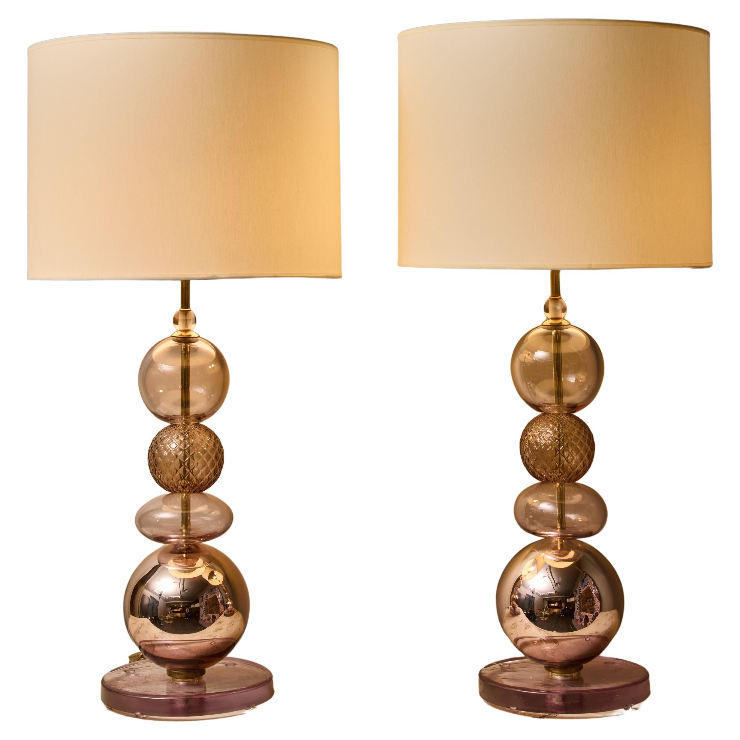 Pair of Iridescent Murano Glass Pink Table Lamps