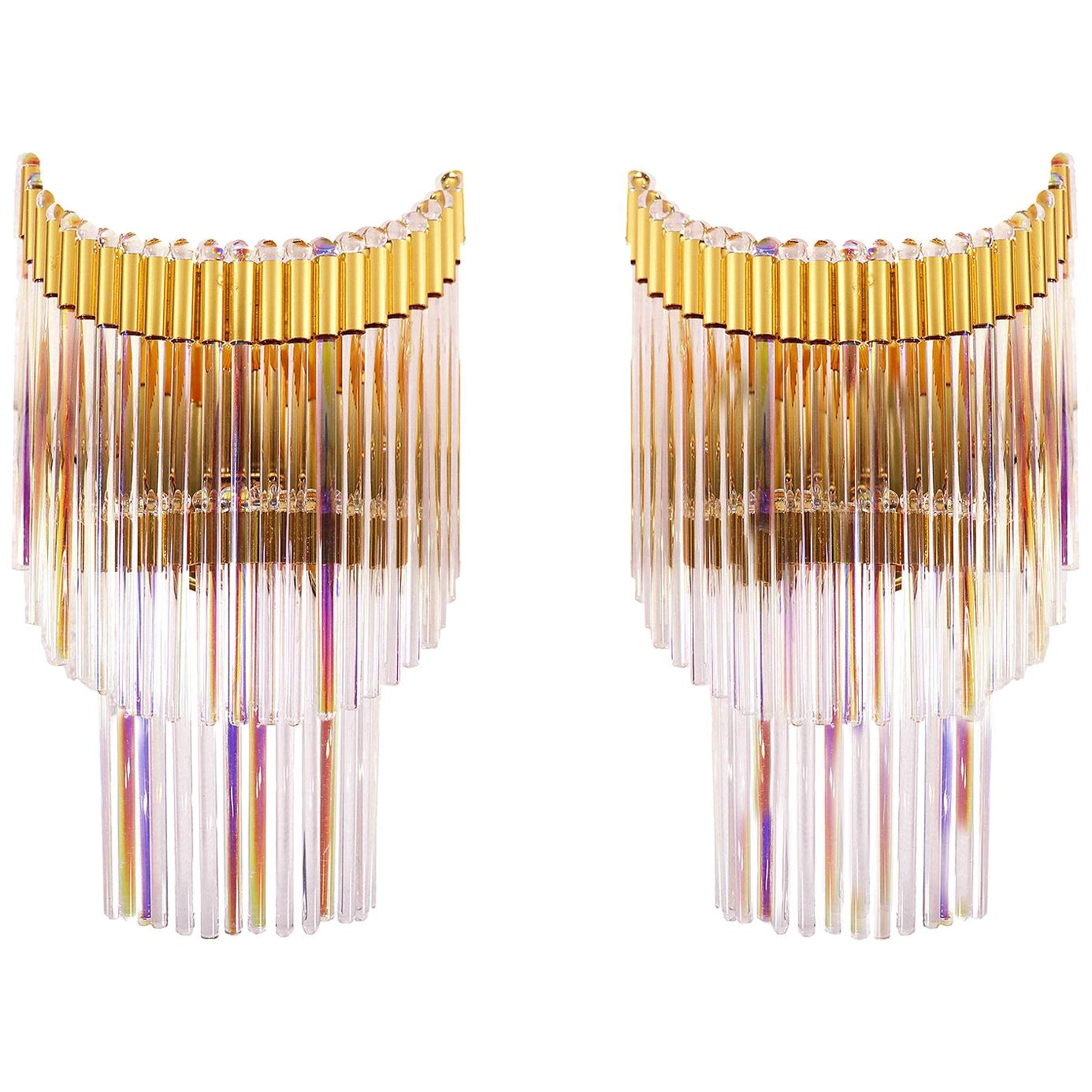 Italy Foglie Wall Sconces Iridescent Murano Glass Rods & Gilt Brass, Set of 2