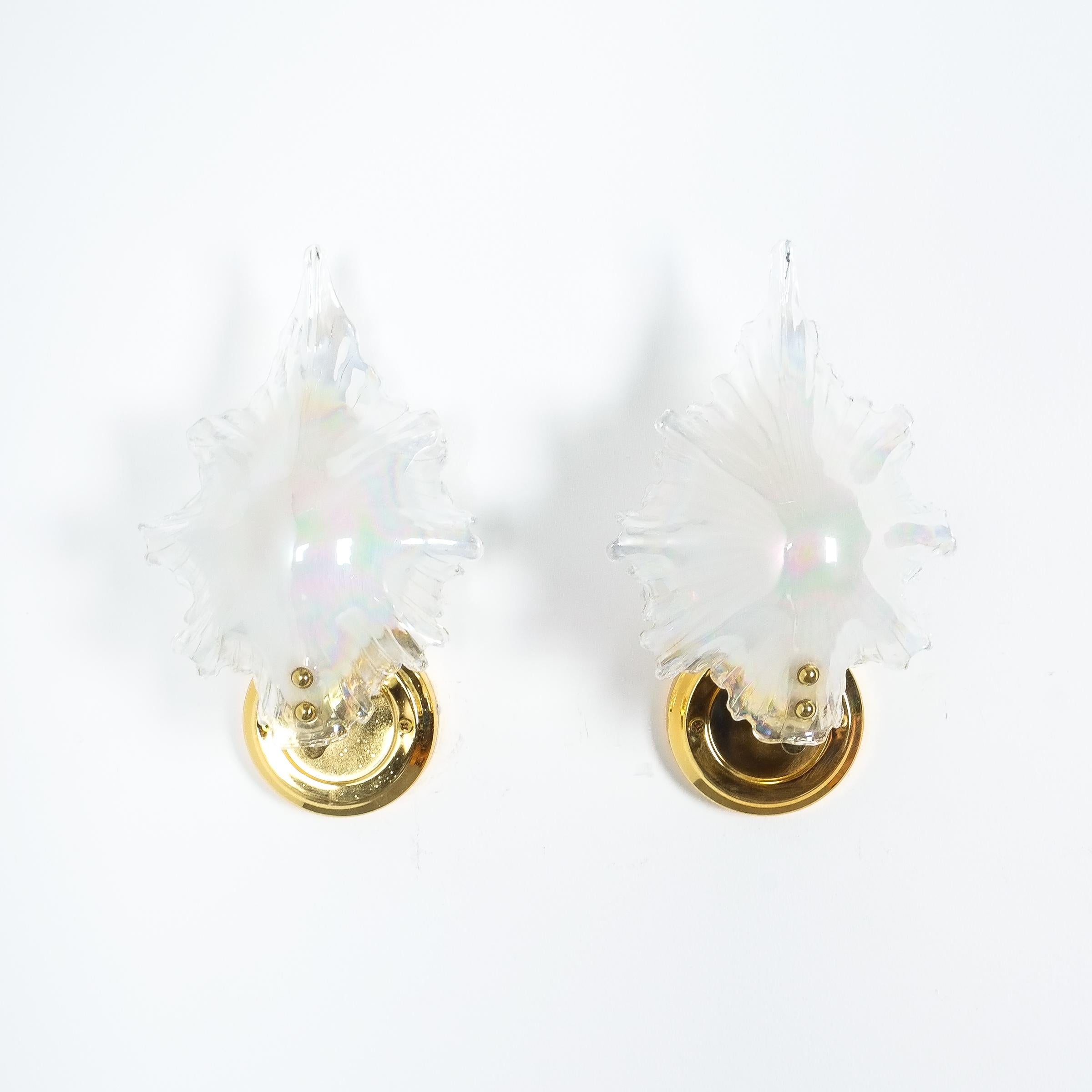 Gilt Pair of Iridescent Murano Glass Sconces, France, circa 1970