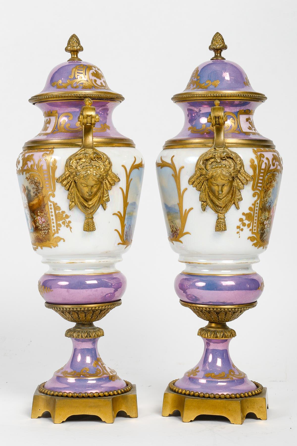 Pair of Iridescent Sèvres Porcelain and Gilt Bronze Covered Vases, 19th Century. In Good Condition In Saint-Ouen, FR