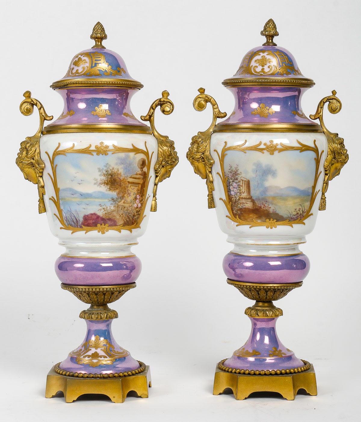 Pair of Iridescent Sèvres Porcelain and Gilt Bronze Covered Vases, 19th Century. 1