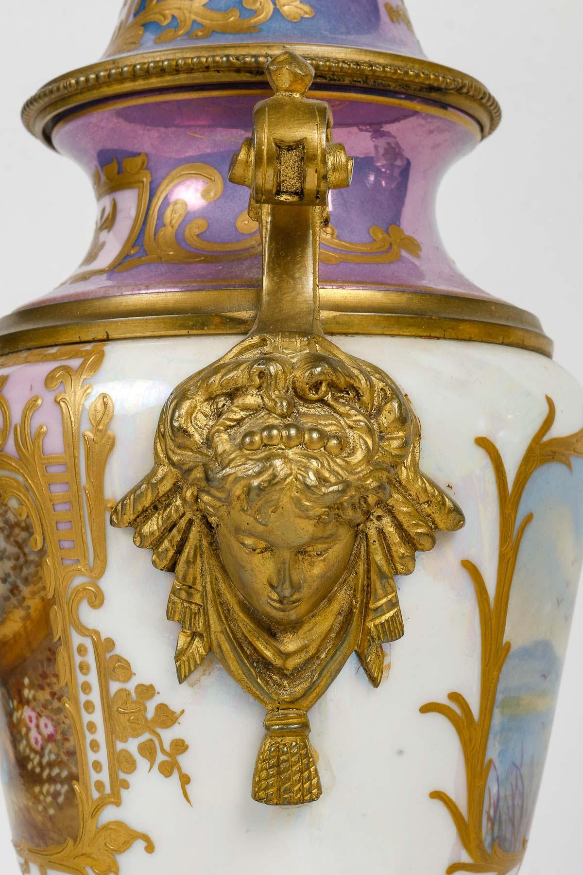 Pair of Iridescent Sèvres Porcelain and Gilt Bronze Covered Vases, 19th Century. 2