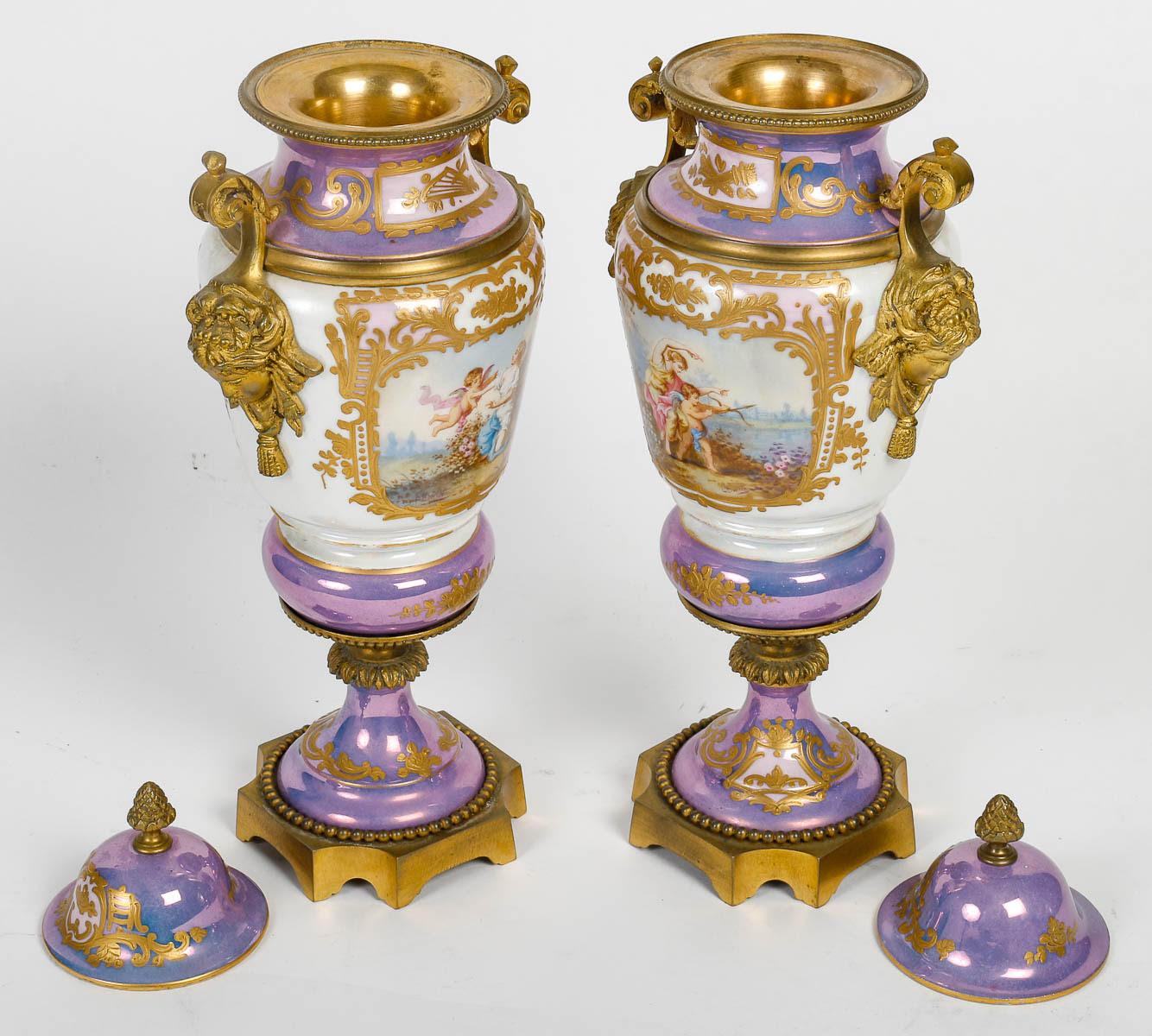 Pair of Iridescent Sèvres Porcelain and Gilt Bronze Covered Vases, 19th Century. 3