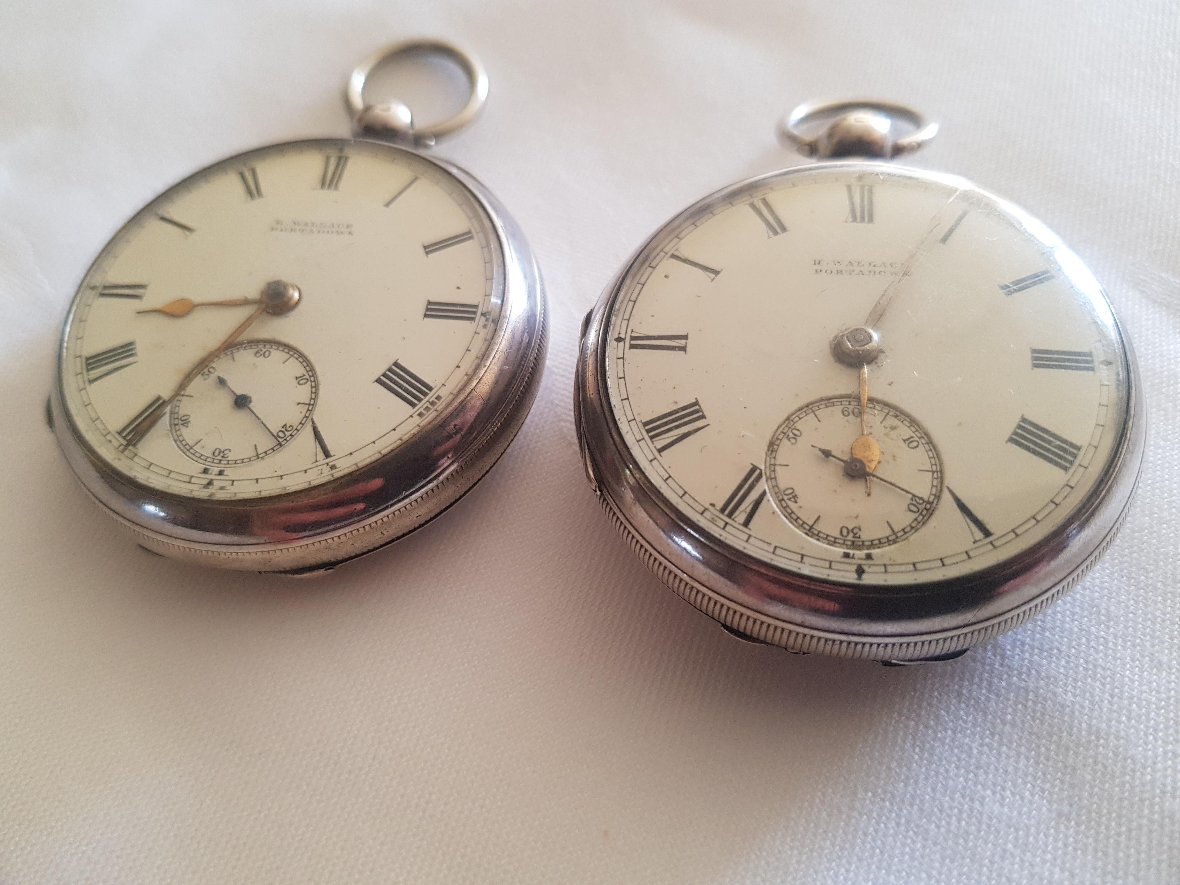 Unusual pair of late Victorian Irish silver cased open faced pocket watches, white enamel dials with Roman numerals and subsidiary seconds at six o'clock, keywound lever platform movements, numbered 200892 and 200893.

Dials are named H Wallace,