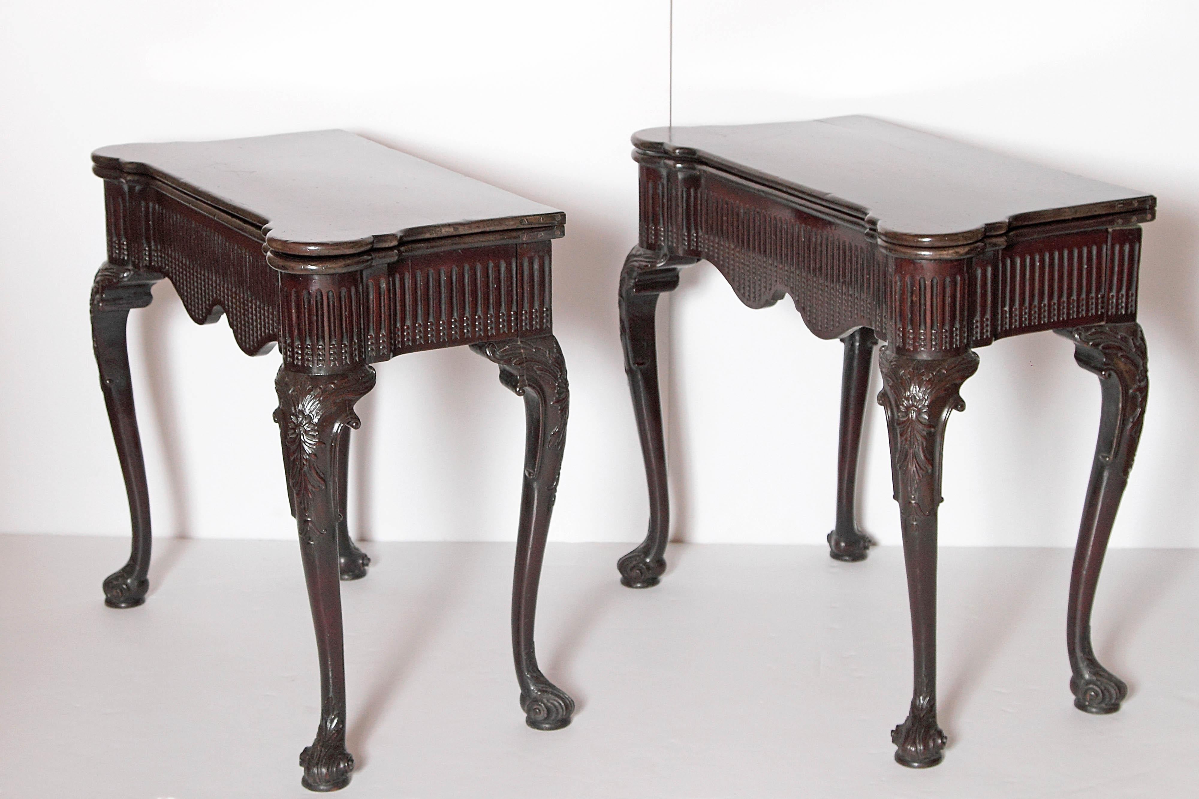 Hand-Carved Pair of Irish Chippendale Carved Mahogany Concertina Card Tables