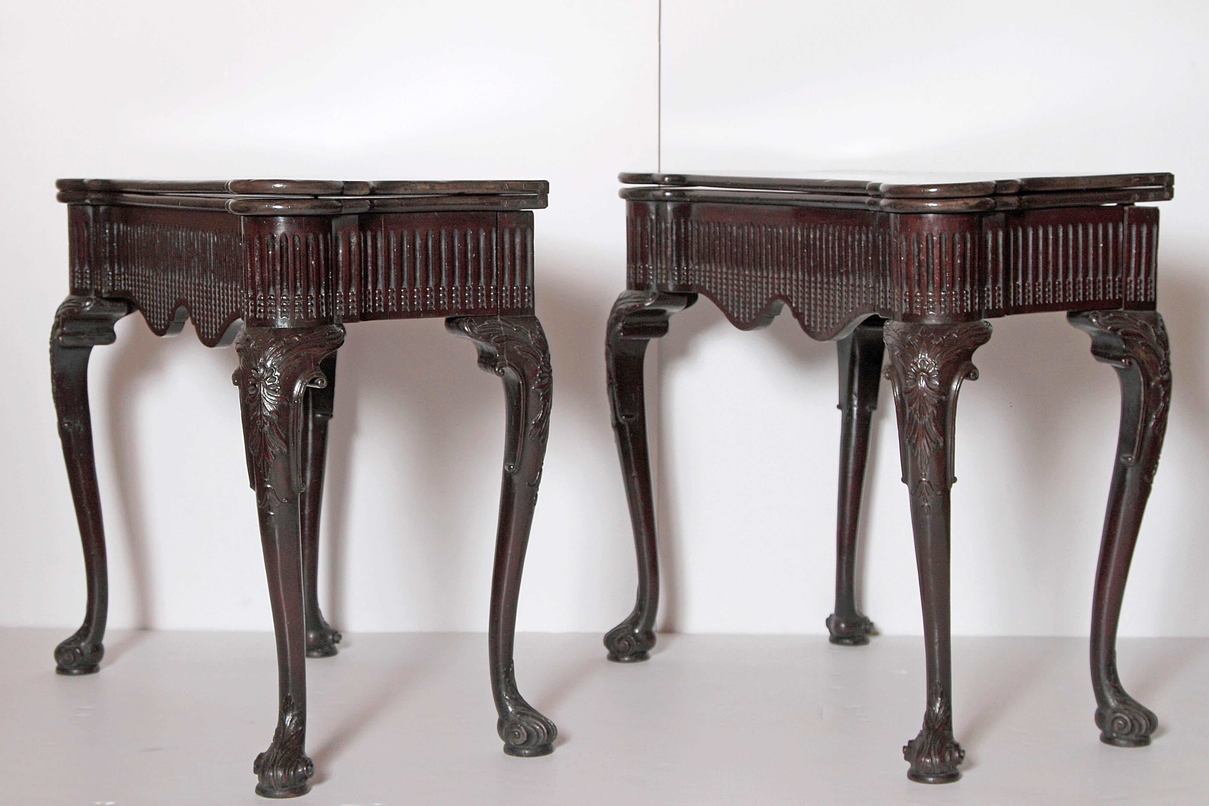Pair of Irish Chippendale Carved Mahogany Concertina Card Tables In Good Condition In Dallas, TX