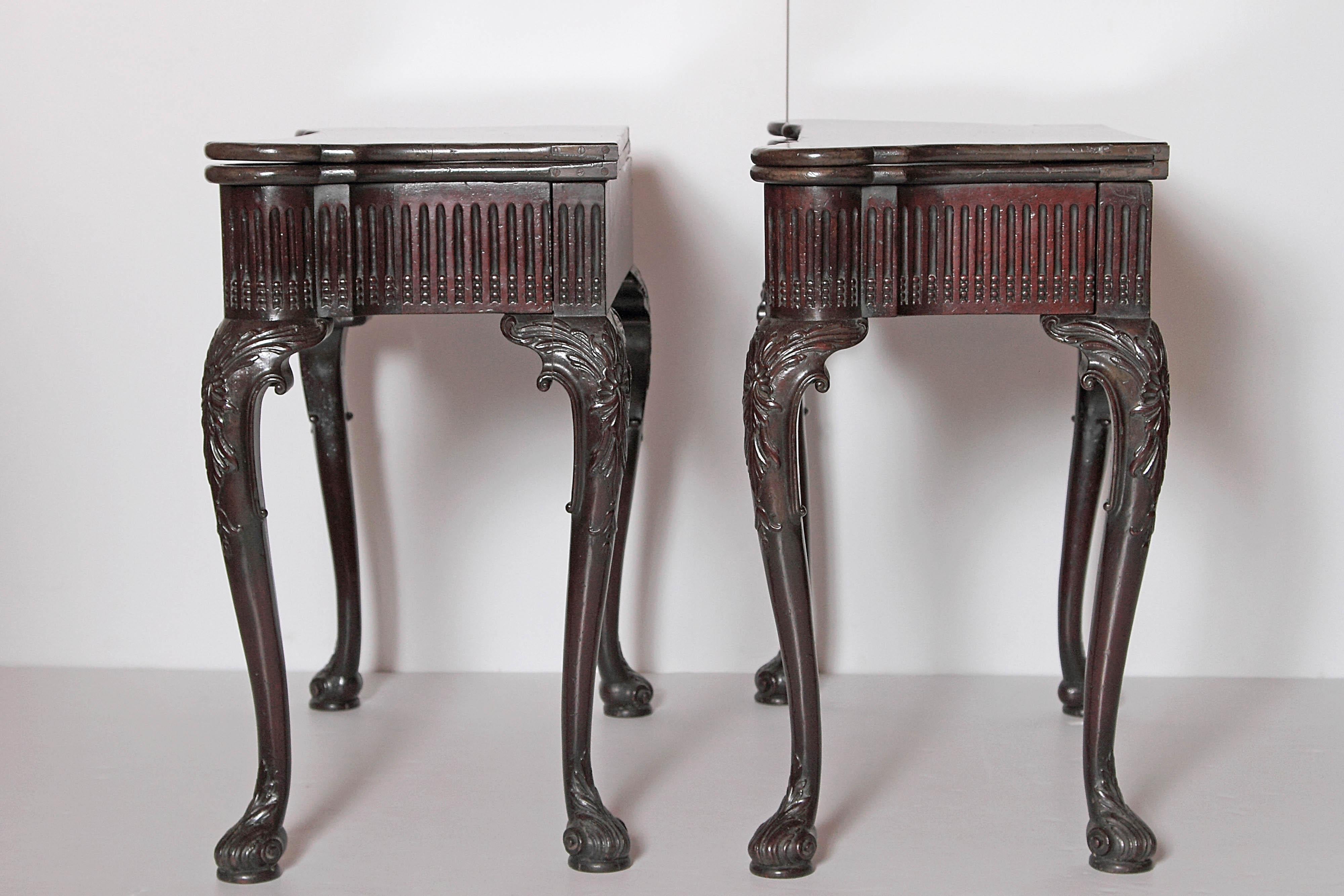 18th Century Pair of Irish Chippendale Carved Mahogany Concertina Card Tables