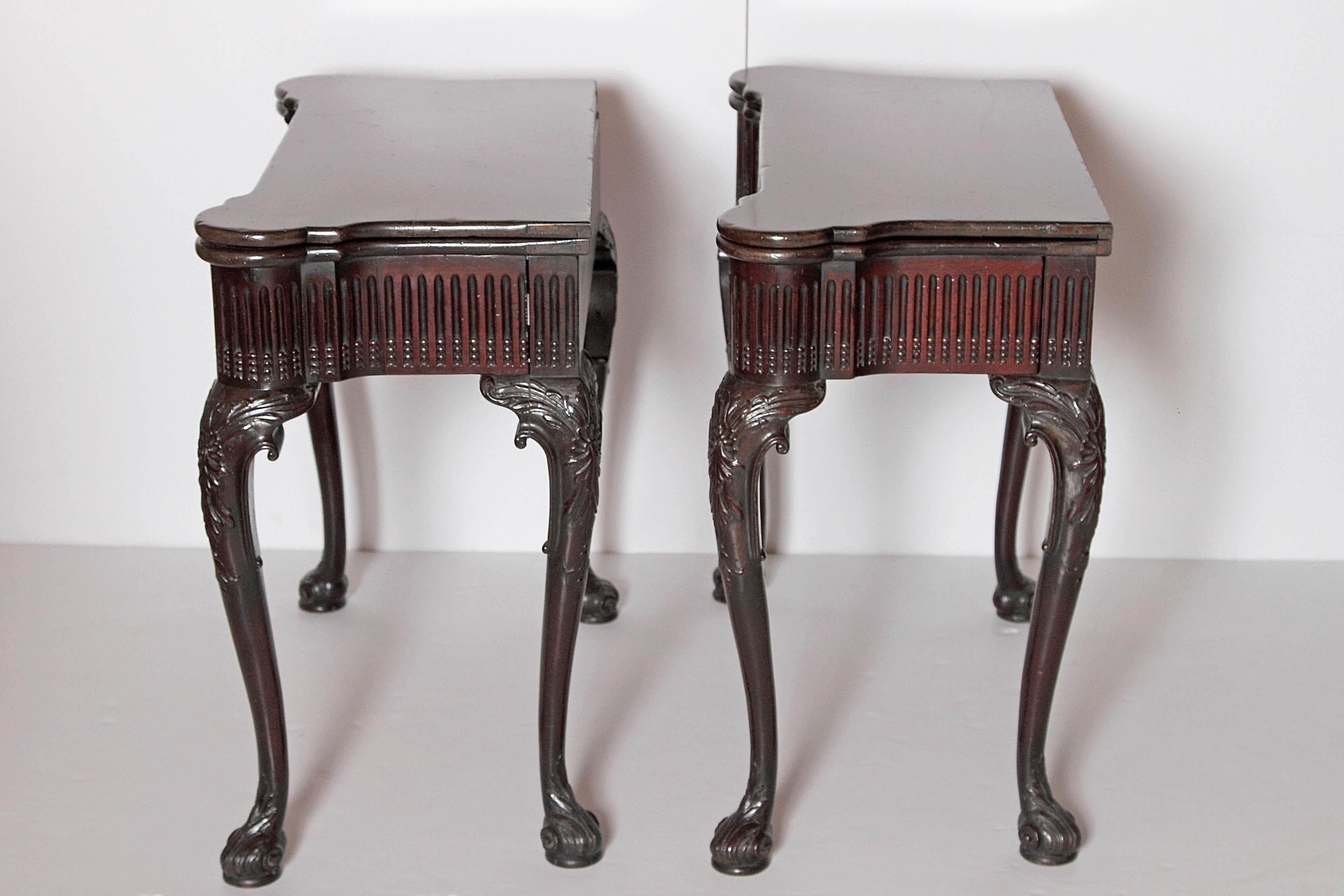 Wood Pair of Irish Chippendale Carved Mahogany Concertina Card Tables