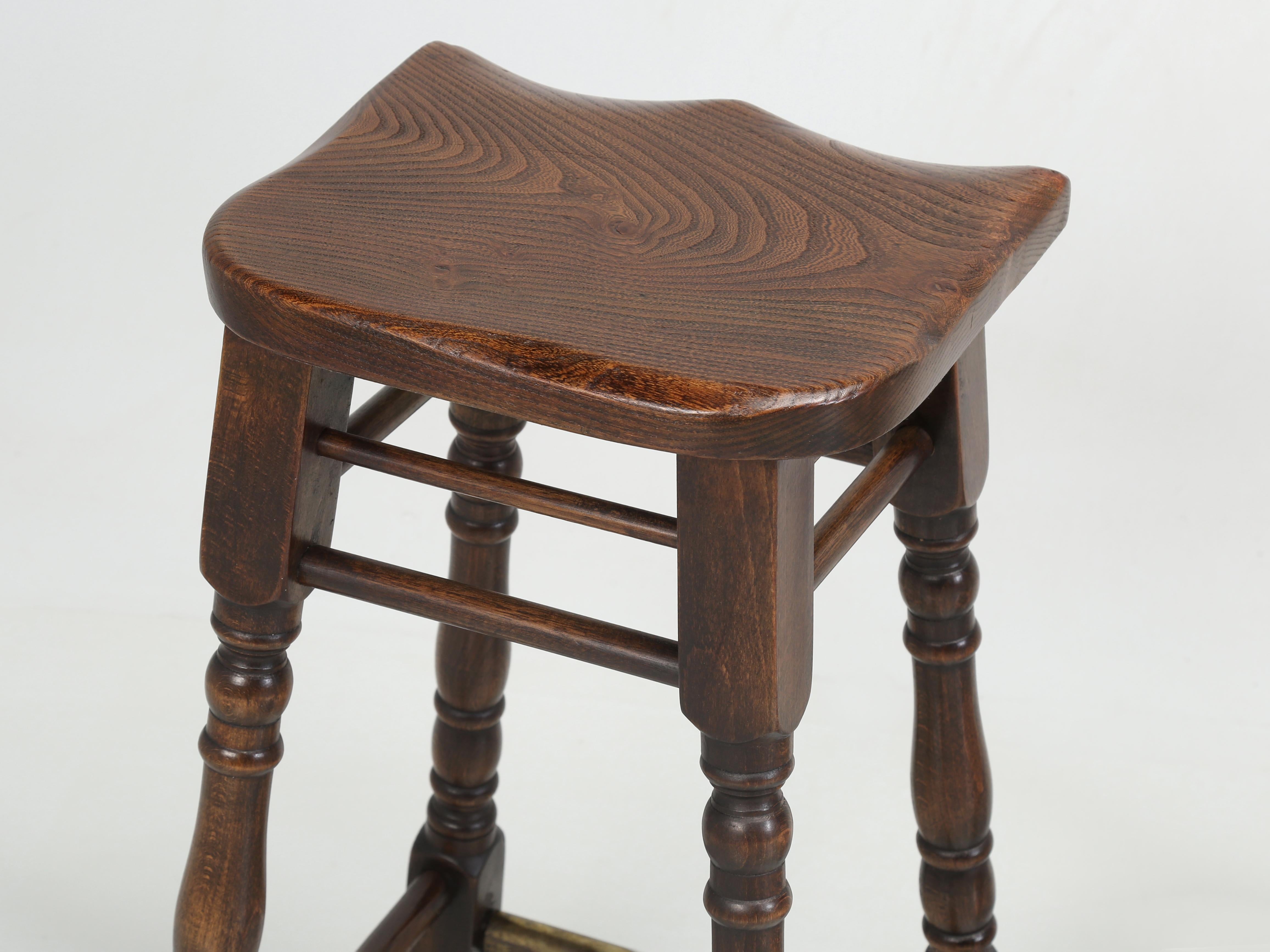 Country Pair of Irish Elm Wood Saddle Seat Stools Perfect for American Kitchen Counters