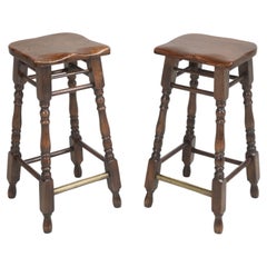 Antique Pair of Irish Elm Wood Saddle Seat Stools Perfect for American Kitchen Counters