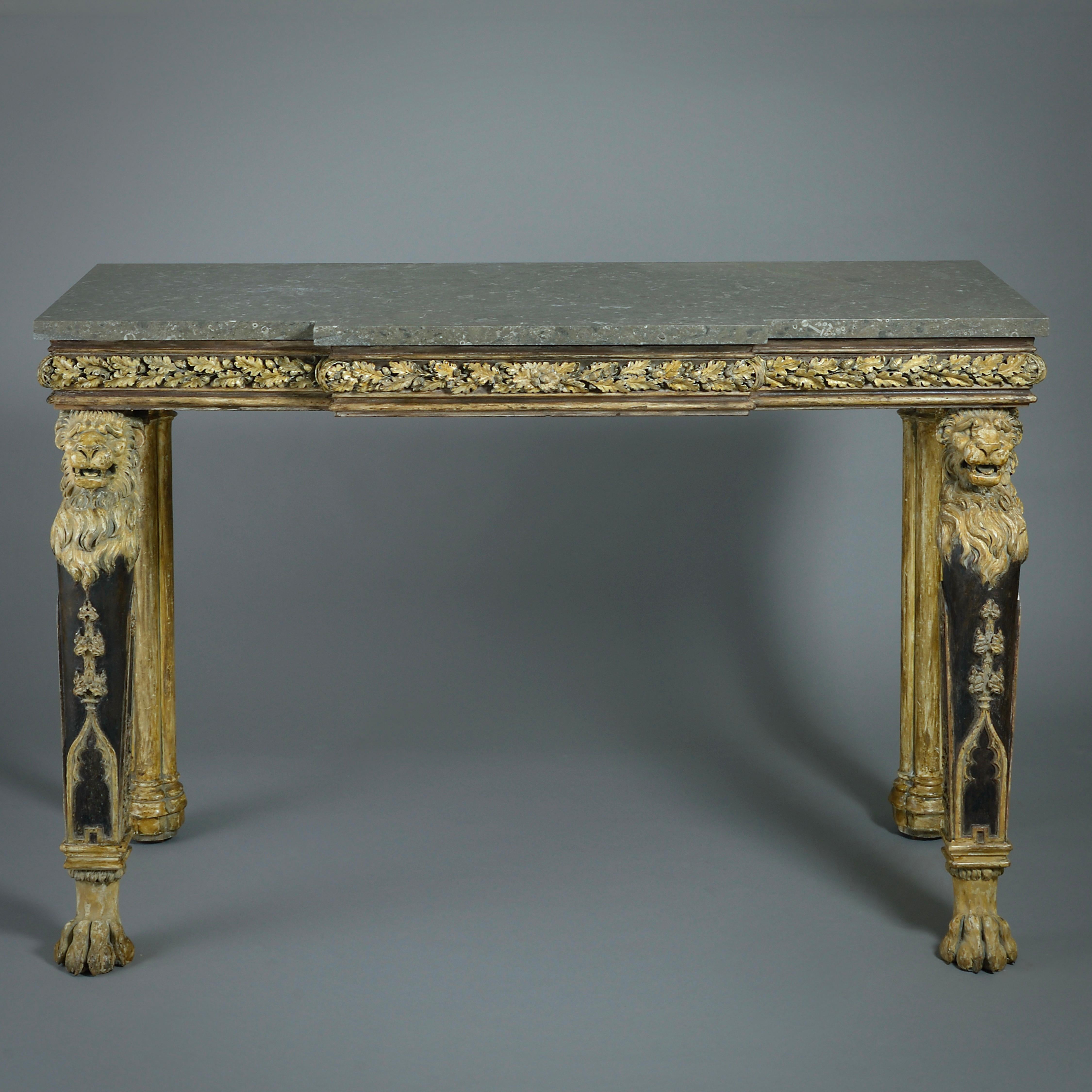 A MASSIVE PAIR OF IRISH GEORGE IV BRONZED AND PAINTED SIDE TABLES ATTRIBUTED TO JAMES DEL VECCHIO OF DUBLIN, CIRCA 1825.

Each with a later Derbyshire fossil marble top.