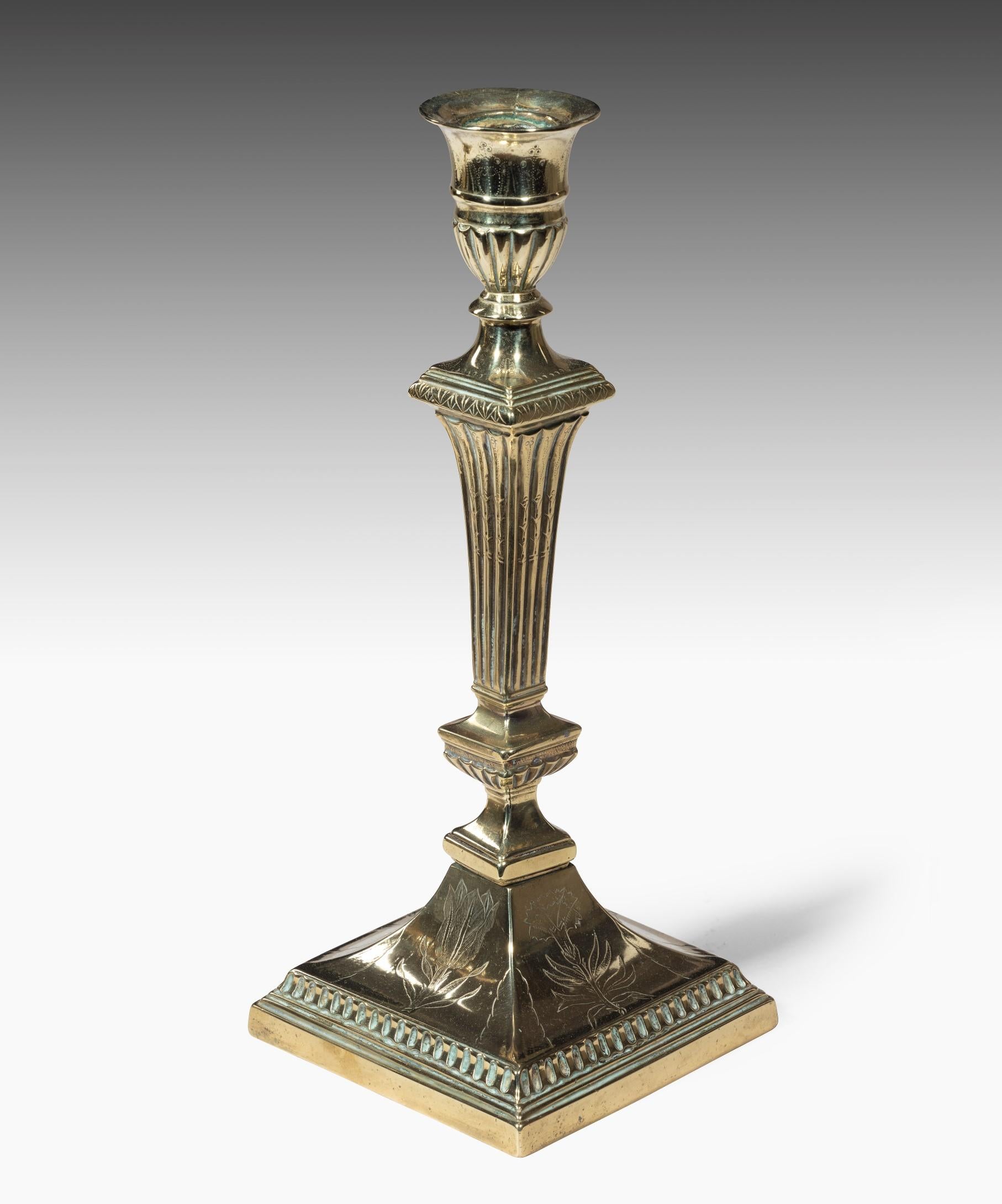Late 18th Century Pair of Irish Georgian Engraved Brass Candlesticks