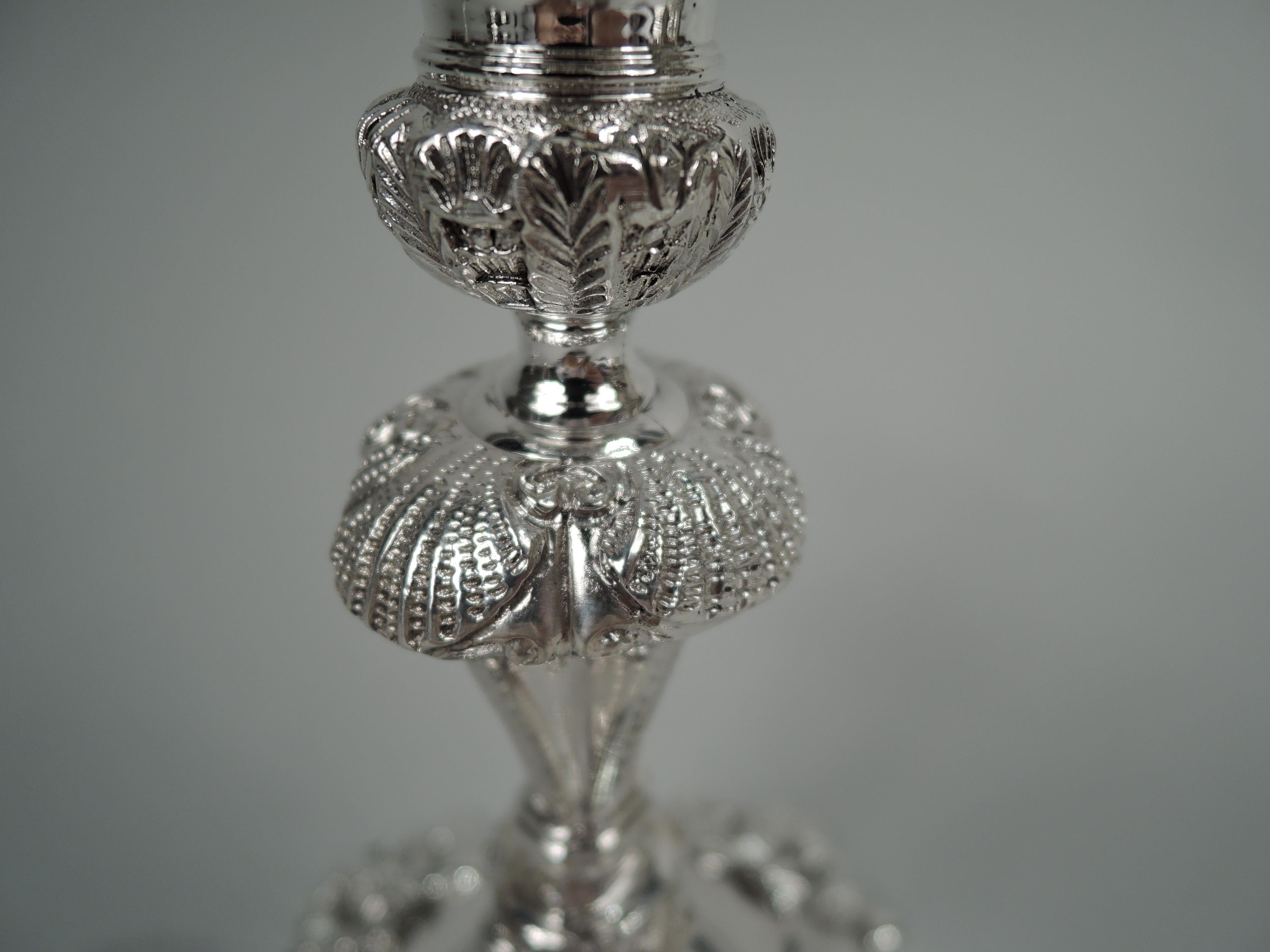 Mid-20th Century Pair of Irish Georgian Sterling Silver Shell & Mask Candlesticks, 1969 For Sale
