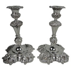 Pair of Irish Georgian Sterling Silver Shell & Mask Candlesticks, 1969