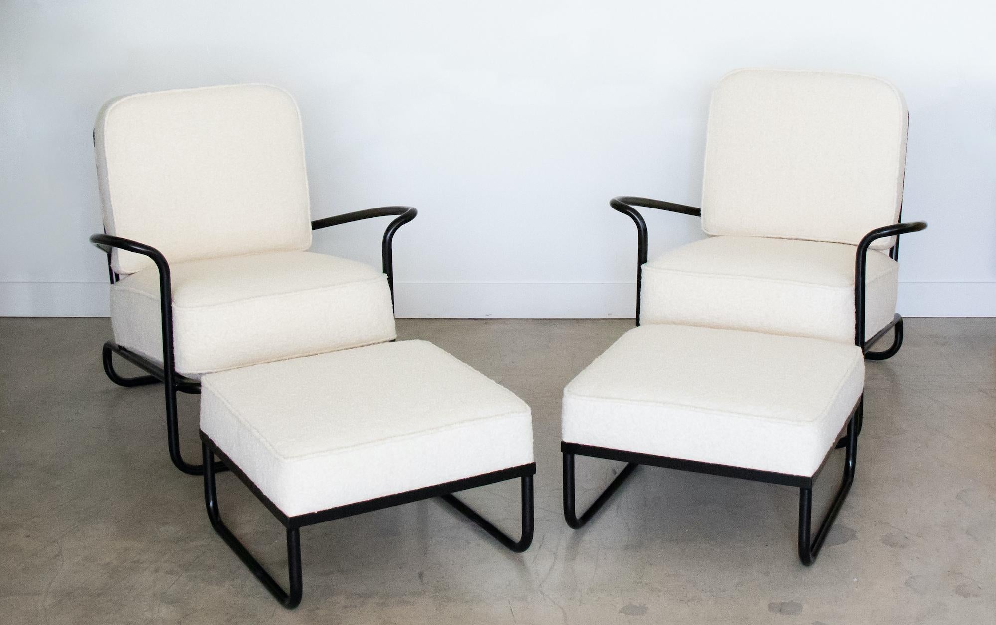 American Pair of Iron and Boucle Chairs with Ottomans