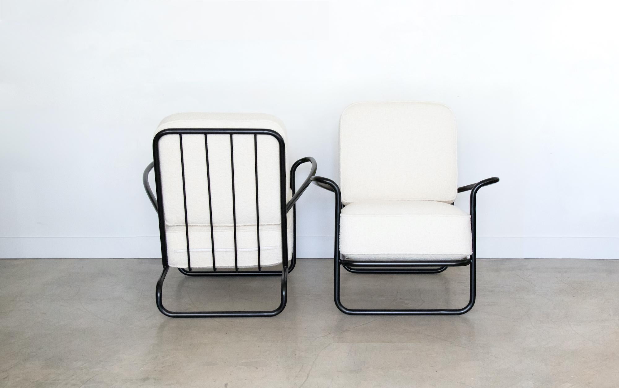 20th Century Pair of Iron and Boucle Chairs with Ottomans