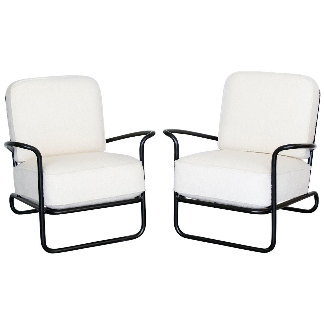 Pair of Iron and Boucle Chairs with Ottomans