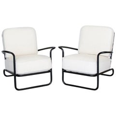 Pair of Iron and Boucle Chairs with Ottomans