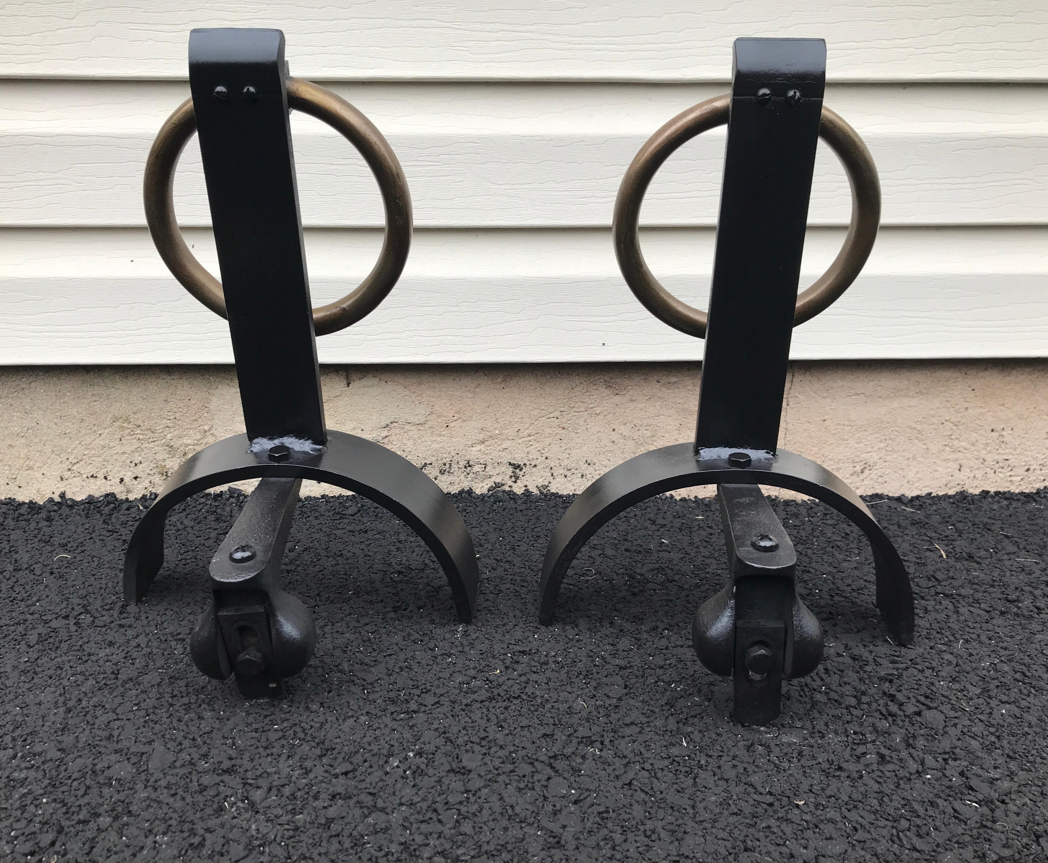 Modern Pair of Iron and Brass Andirons in the Style of Jacques Adnet For Sale