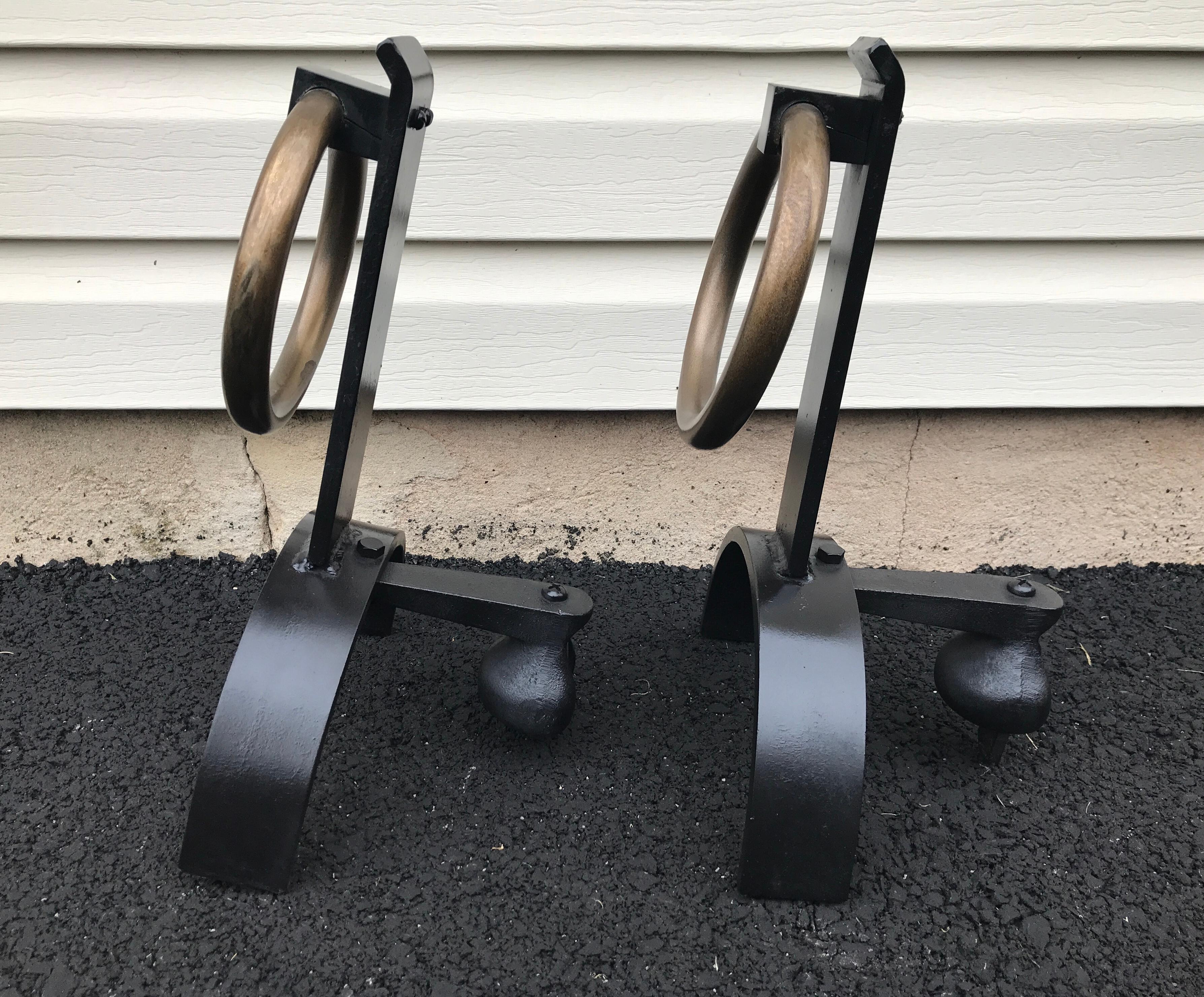 French Pair of Iron and Brass Andirons in the Style of Jacques Adnet For Sale