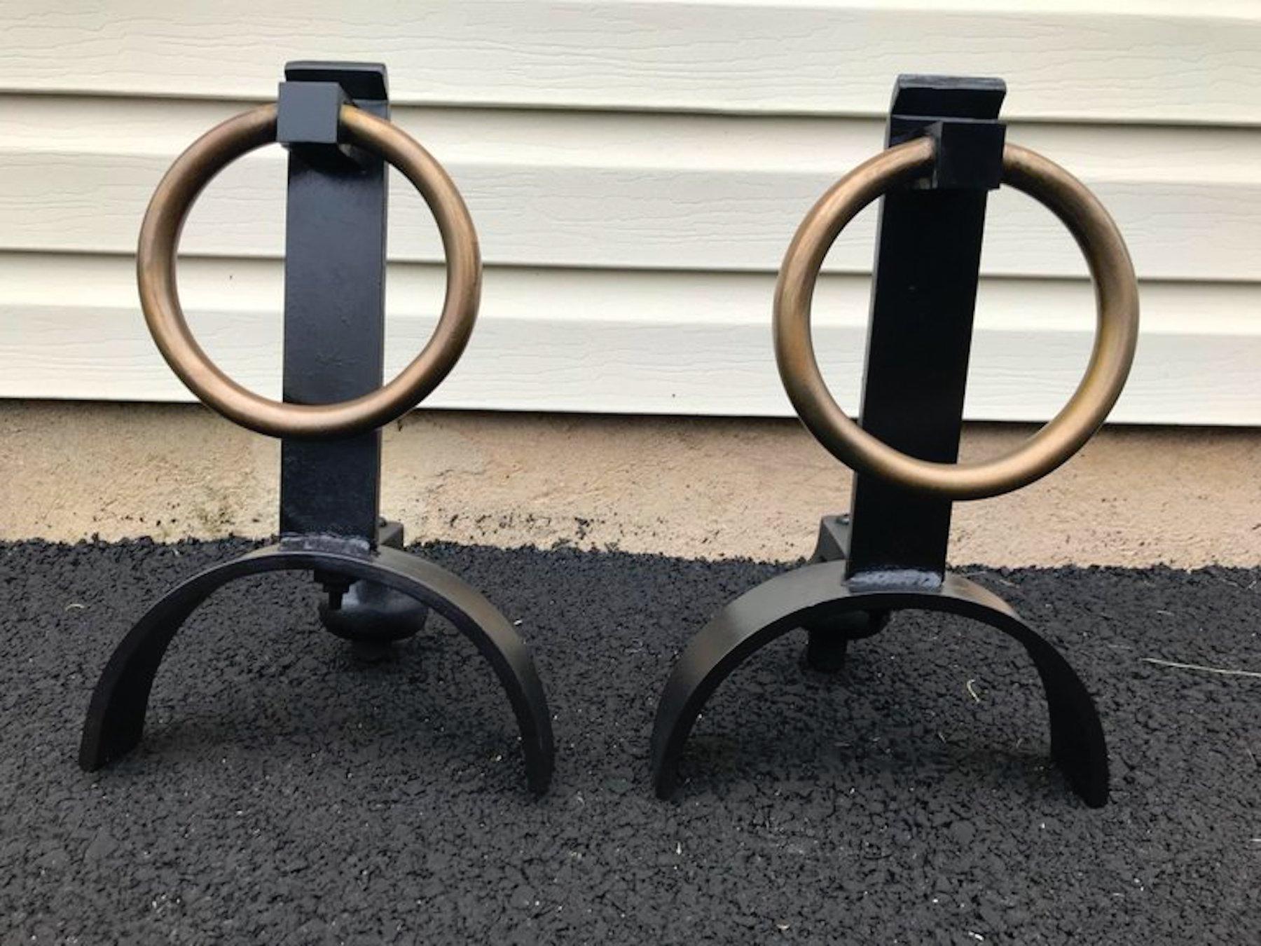 Pair of Iron and Brass Andirons in the Style of Jacques Adnet For Sale 2