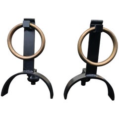 Pair of Iron and Brass Andirons in the Style of Jacques Adnet
