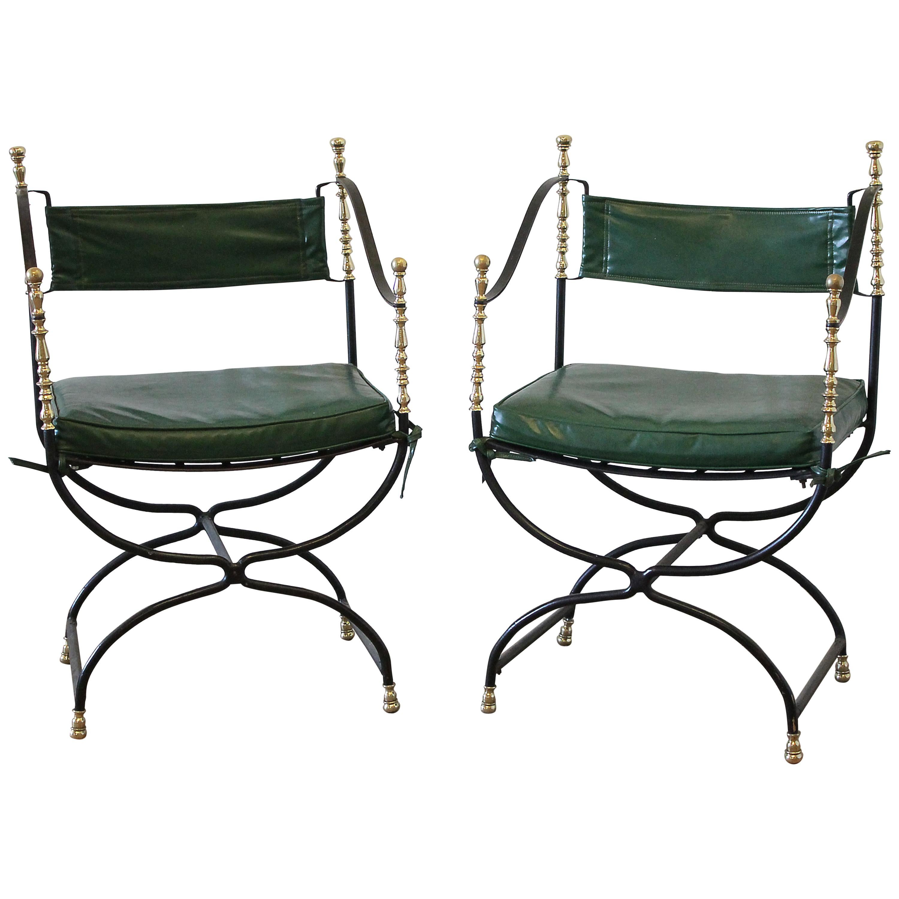 Pair of Iron and Brass Campaign Chairs