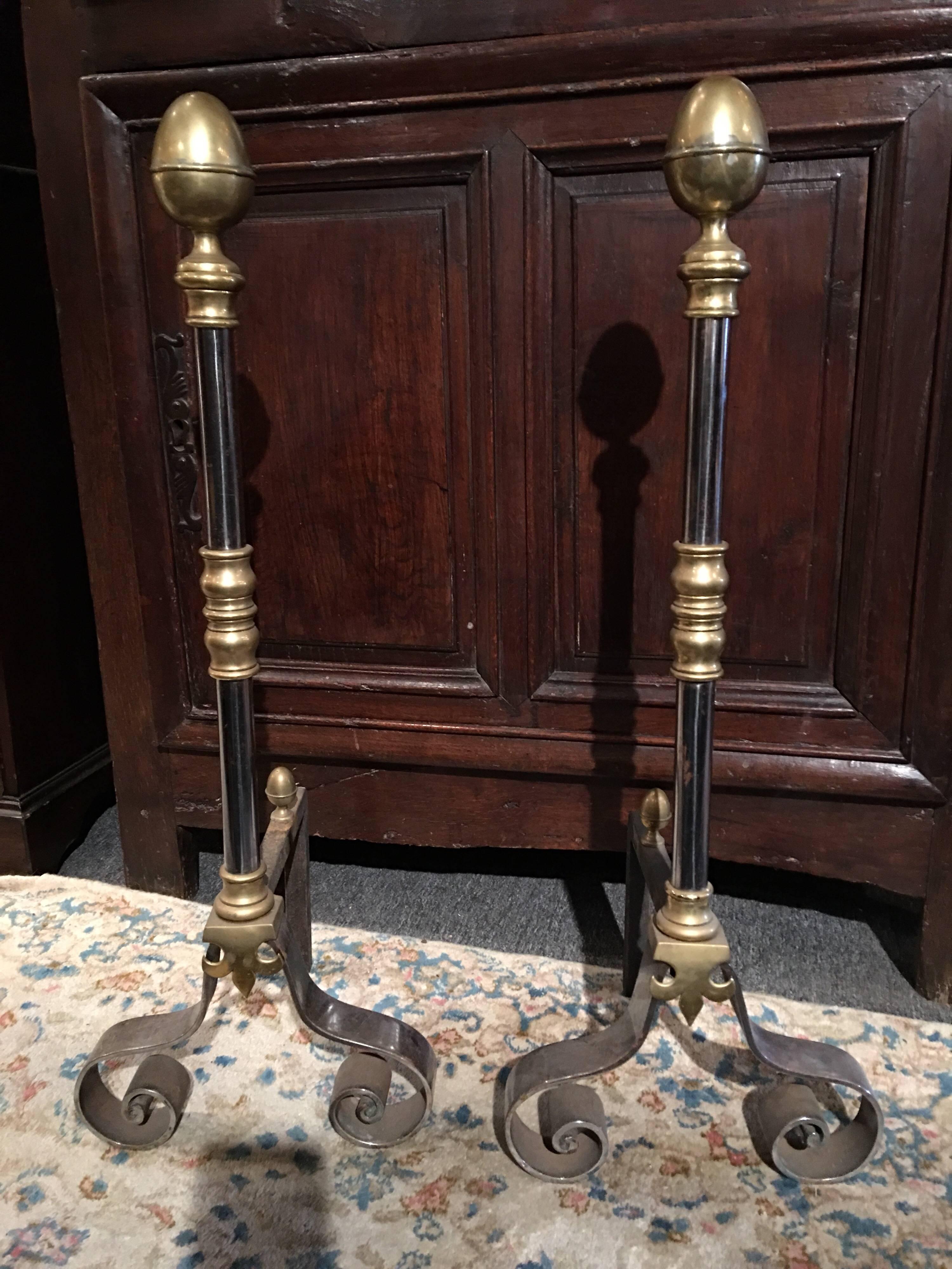 Pair of Iron and Brass Chenets or Andirons, 19th Century For Sale 1