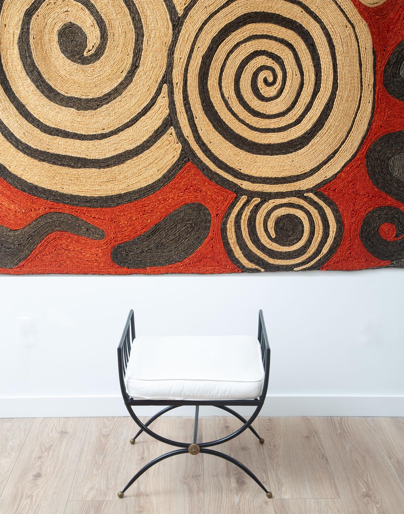 Pair of black finish iron and brass stools, France, circa 1940
Machine-washable slipcover in a cotton-blend fabric
Curule form reminiscent of the work by Rene Prou
Available to view in situ at our showroom in Miami.

 