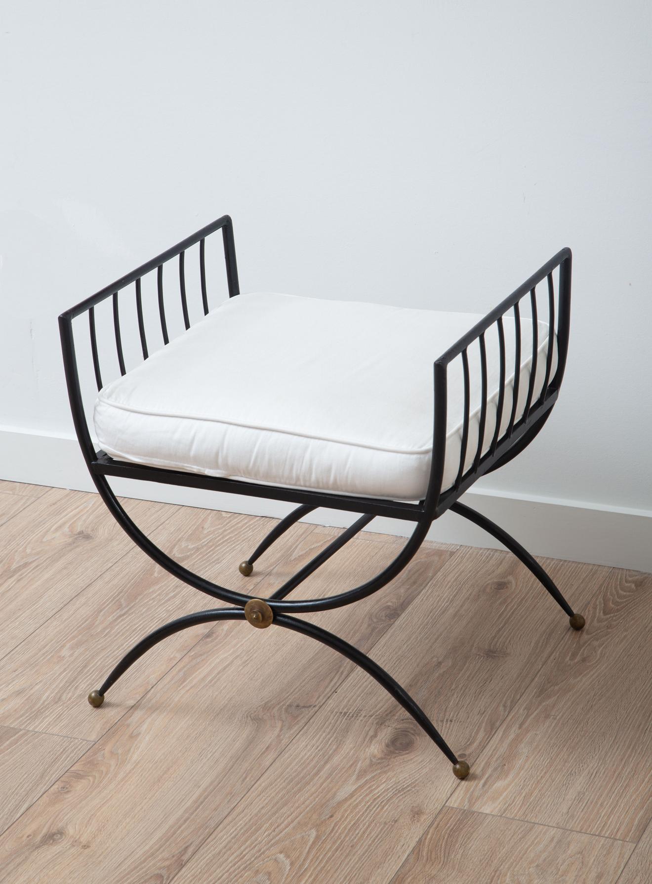 Neoclassical Pair of Iron and Brass Stools, France, 1940s