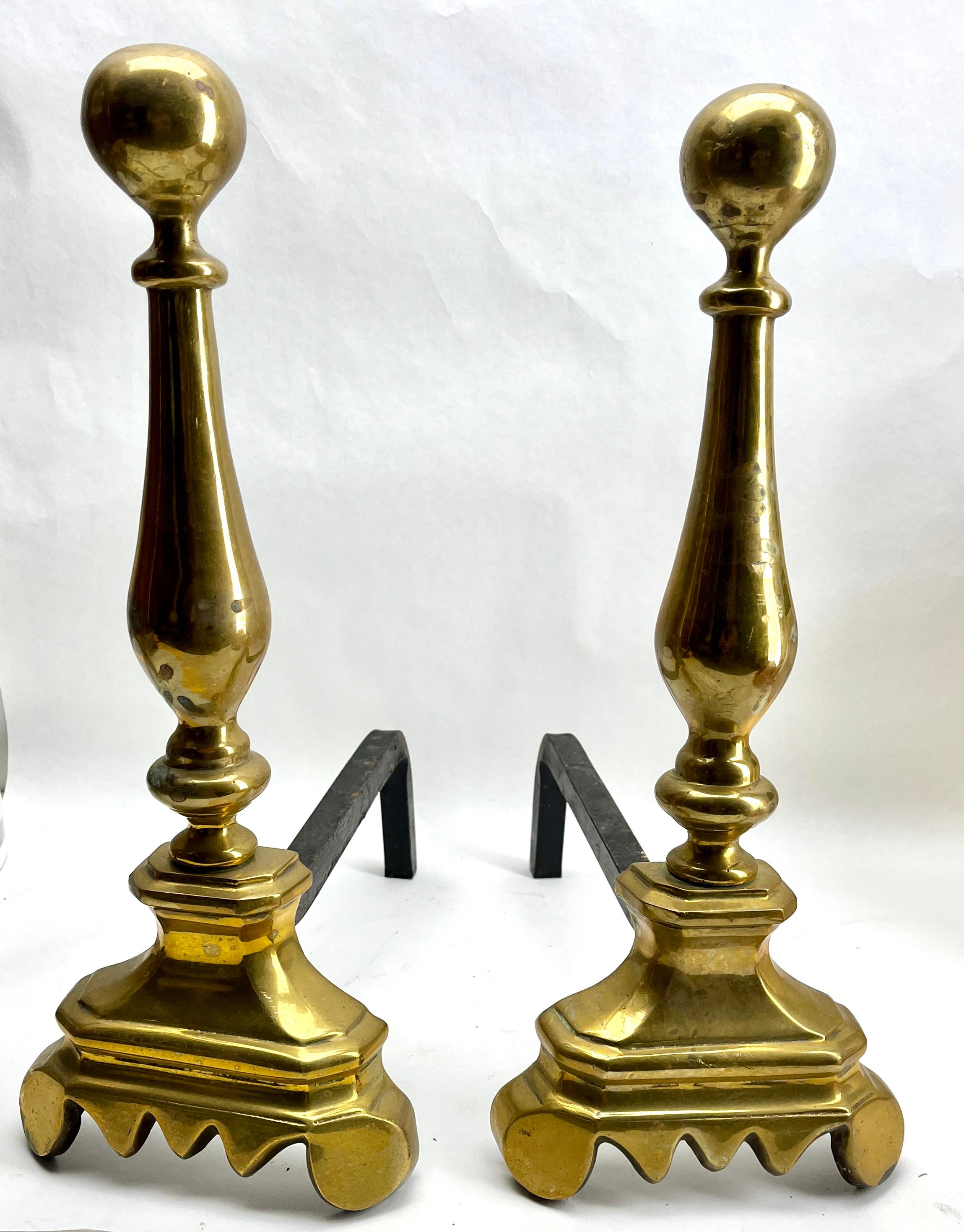 Pair of iron and brass top andirons, circa 1930

Pair wrought iron and brass top andirons and terminating on decorative scrolled stylized legs

We prefer to sell our items in 'uncleaned' condition so that the new owner 
still has the choice to