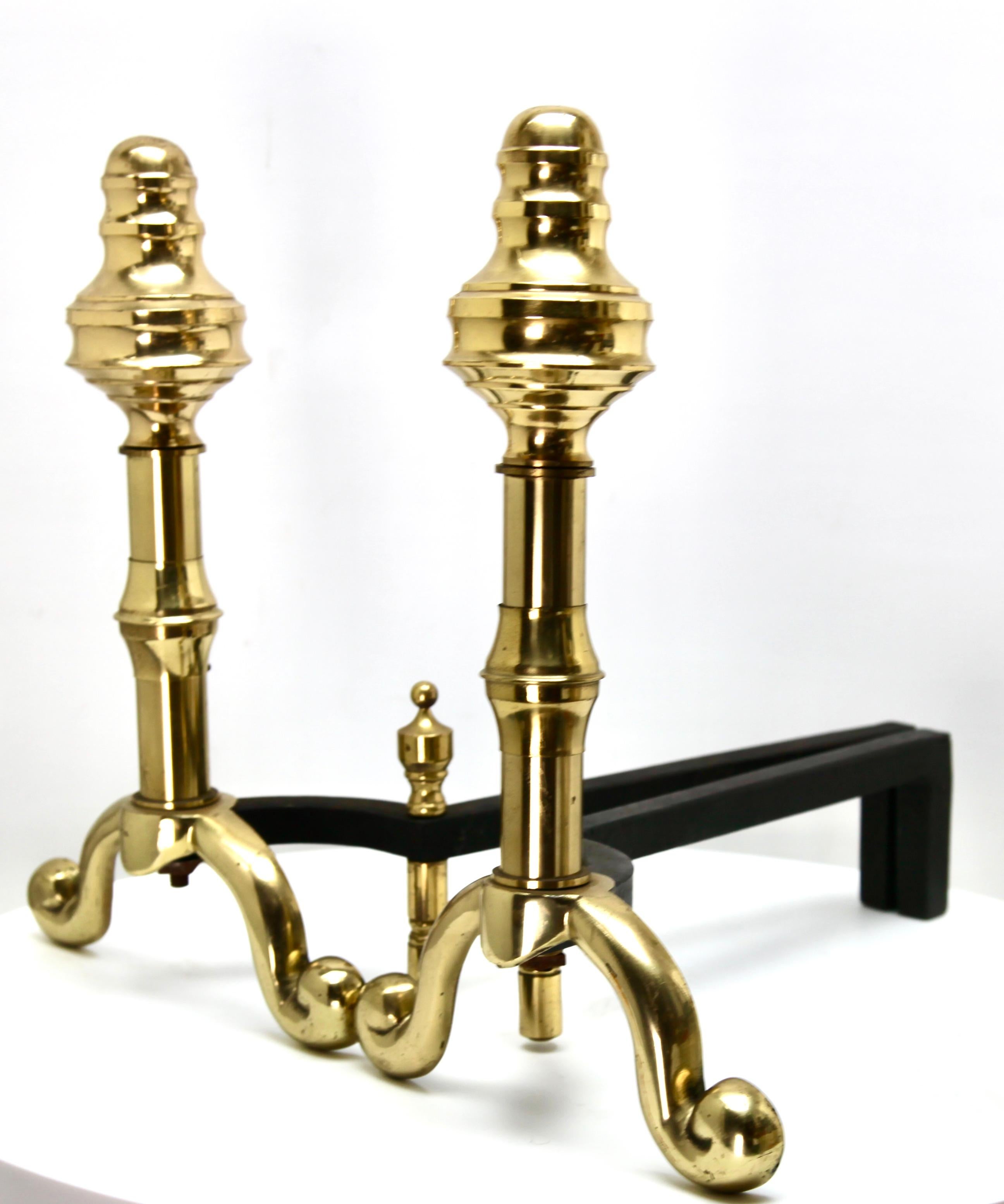 Arts and Crafts Pair of Iron and Brass Top Andirons, circa 1930 For Sale