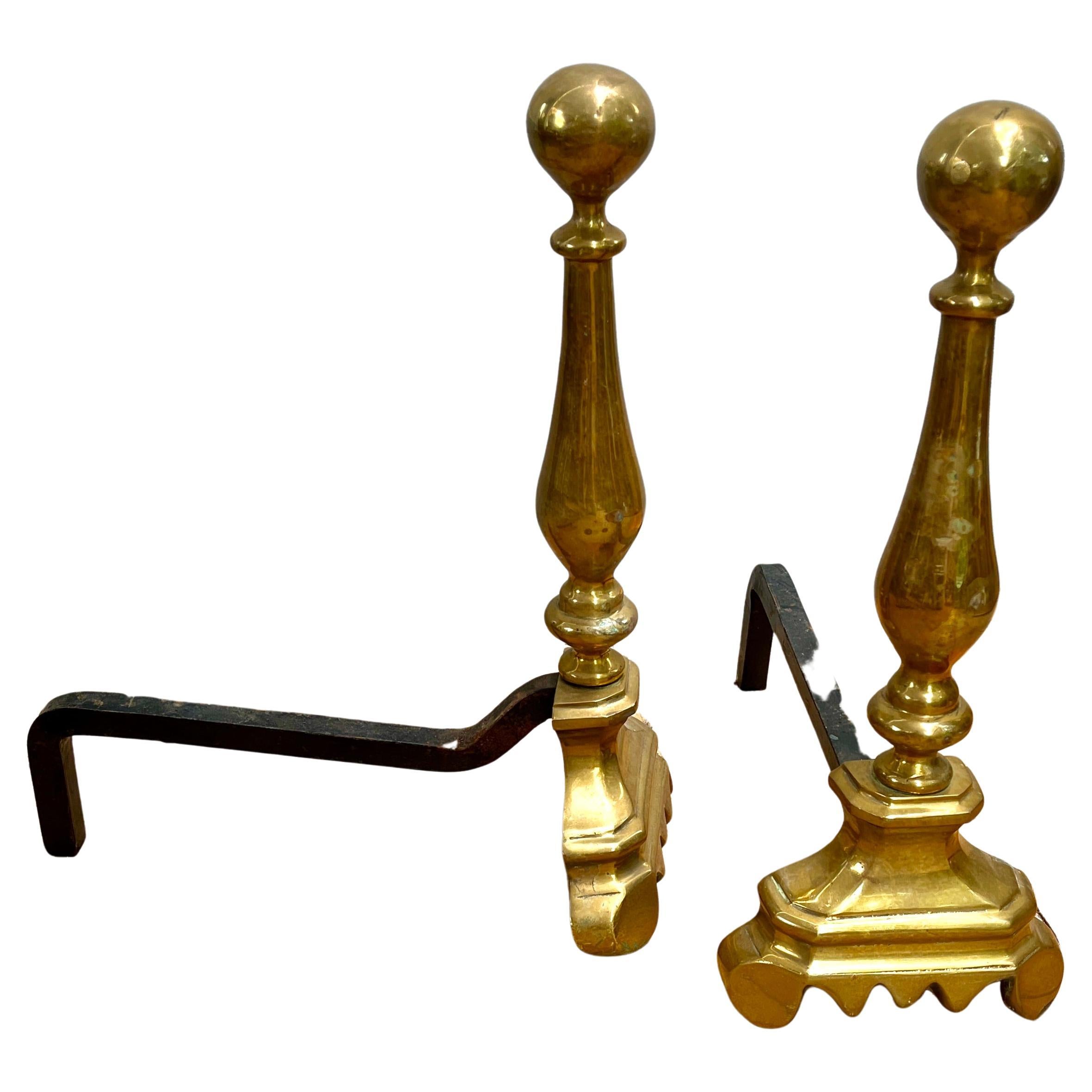 Arts and Crafts Pair of Iron and Brass Top Andirons, circa 1930 For Sale
