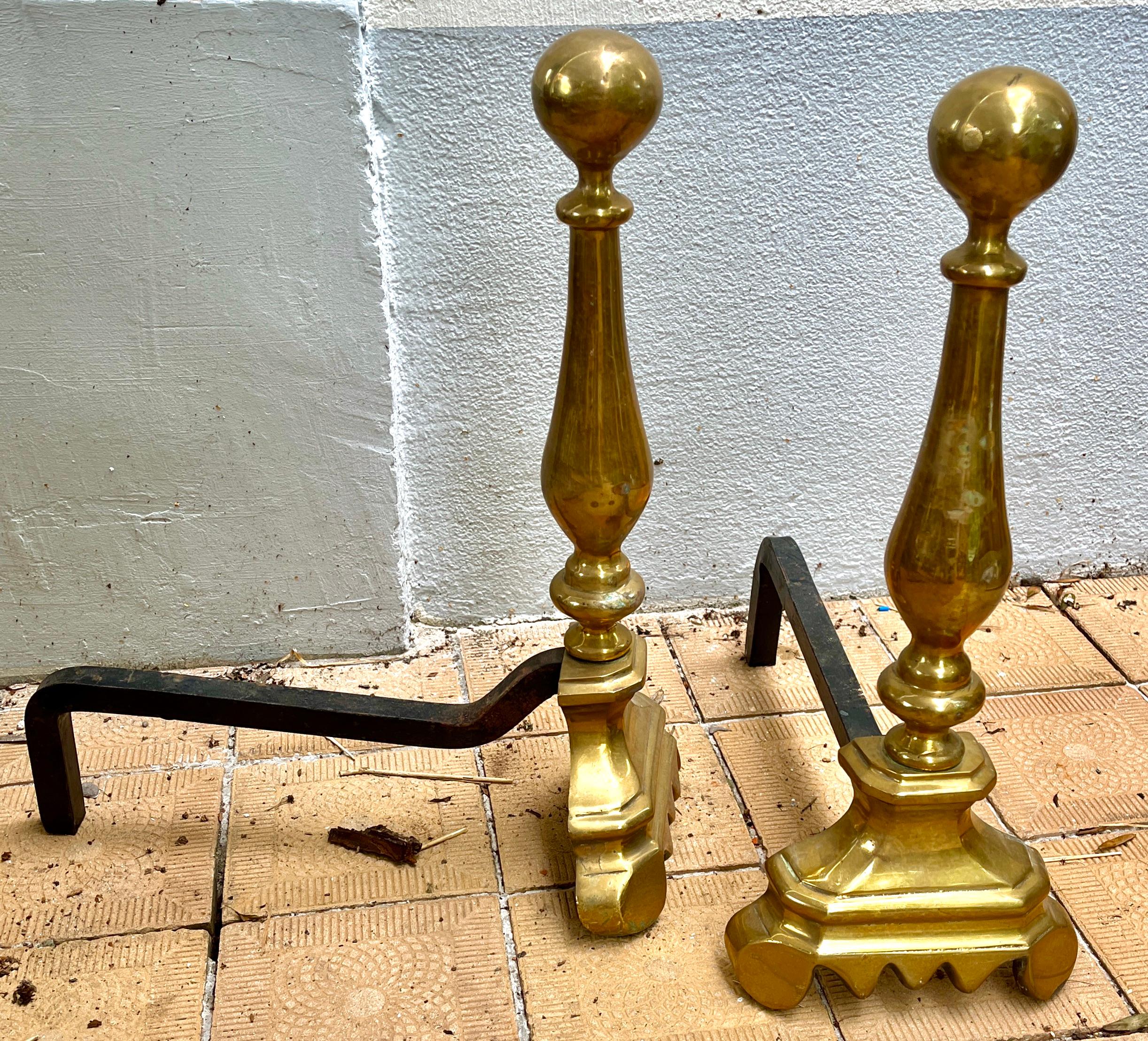 French Pair of Iron and Brass Top Andirons, circa 1930 For Sale
