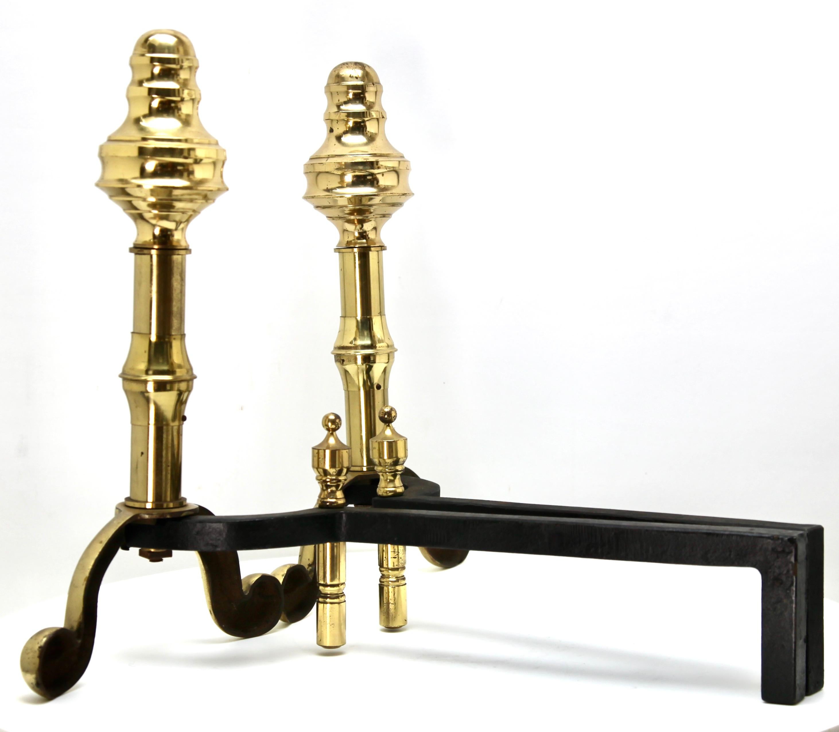 Forged Pair of Iron and Brass Top Andirons, circa 1930 For Sale