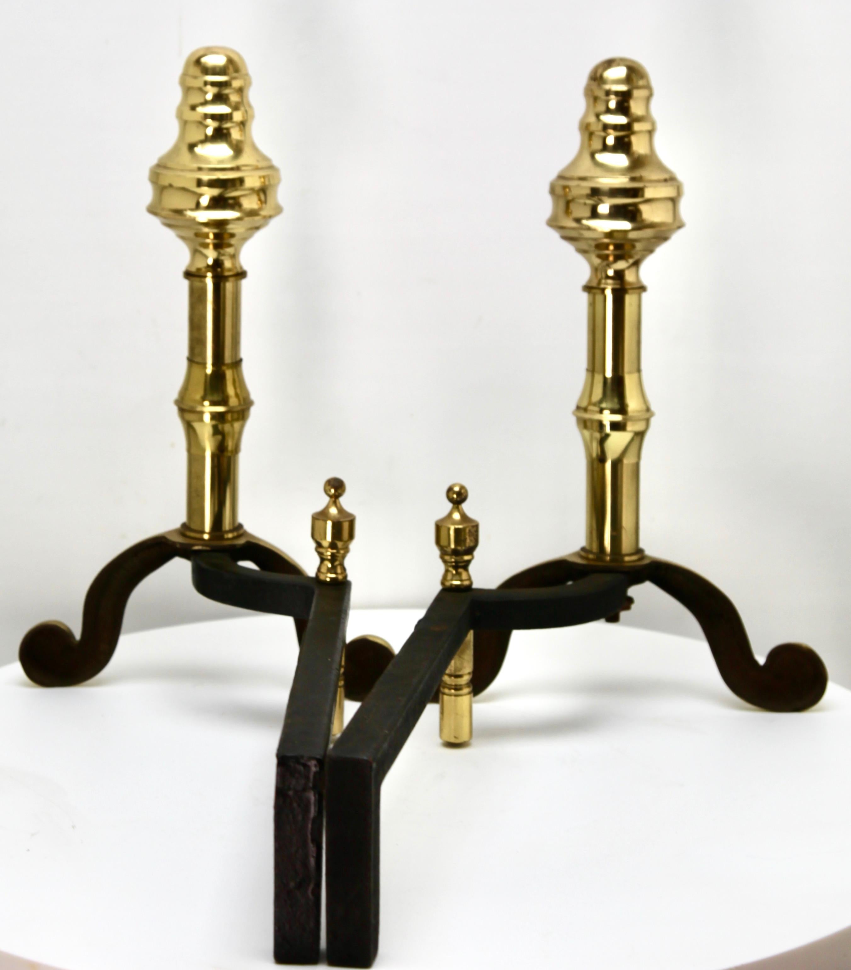 Pair of Iron and Brass Top Andirons, circa 1930 In Good Condition For Sale In Verviers, BE