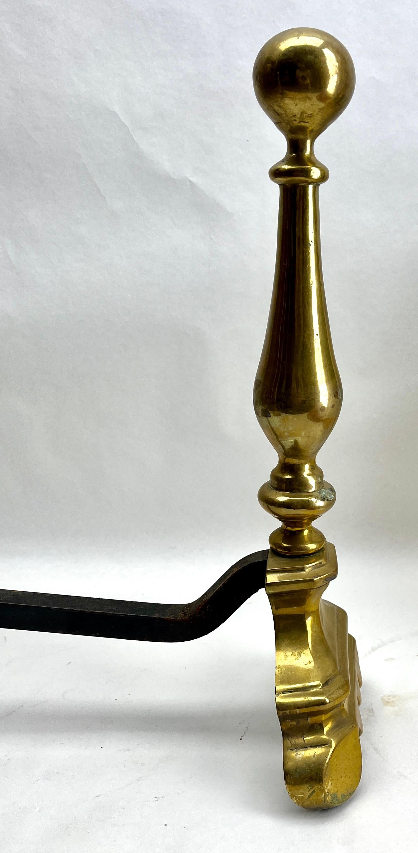 Pair of Iron and Brass Top Andirons, circa 1930 In Good Condition For Sale In Verviers, BE