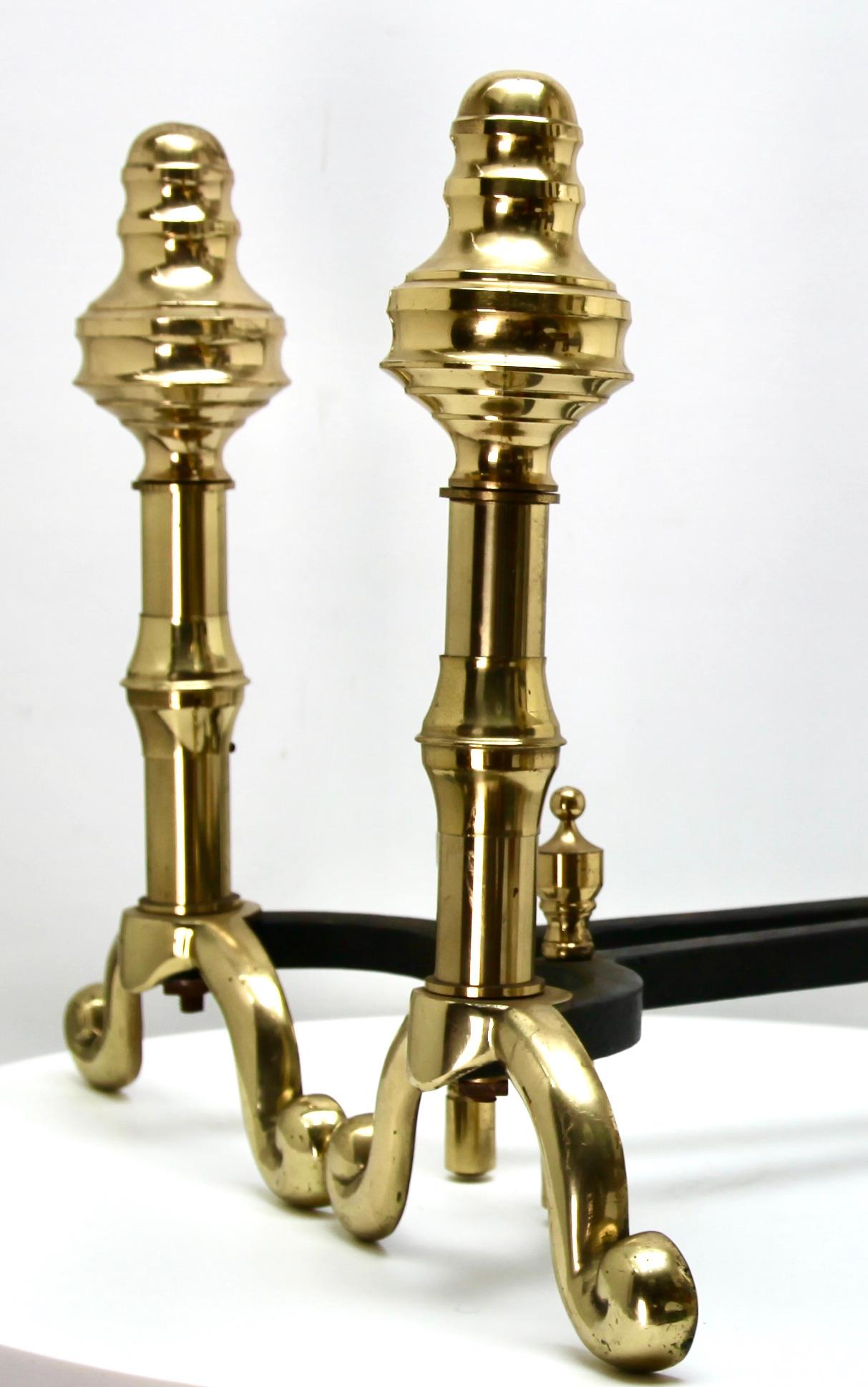 Metal Pair of Iron and Brass Top Andirons, circa 1930 For Sale