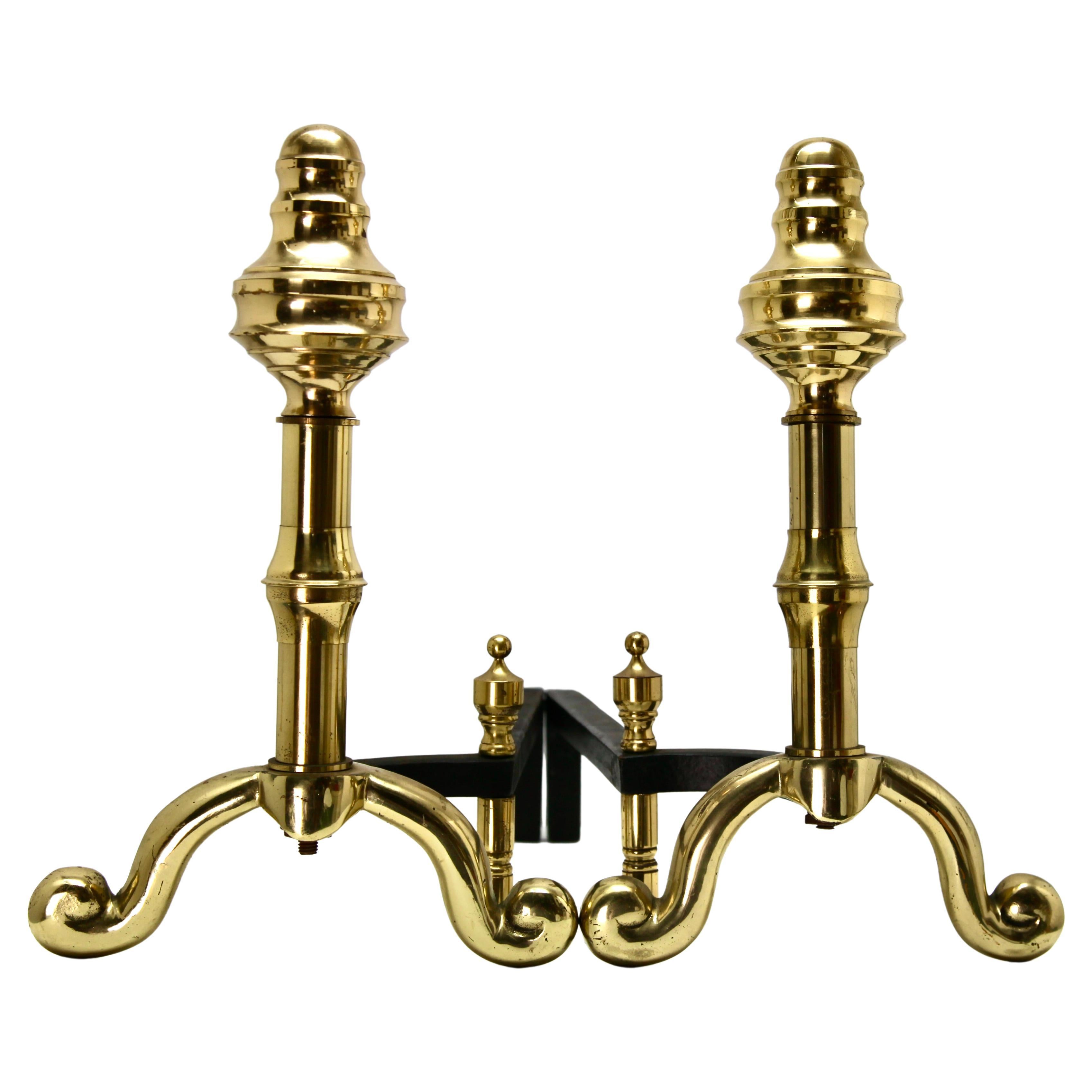 Pair of Iron and Brass Top Andirons, circa 1930 For Sale