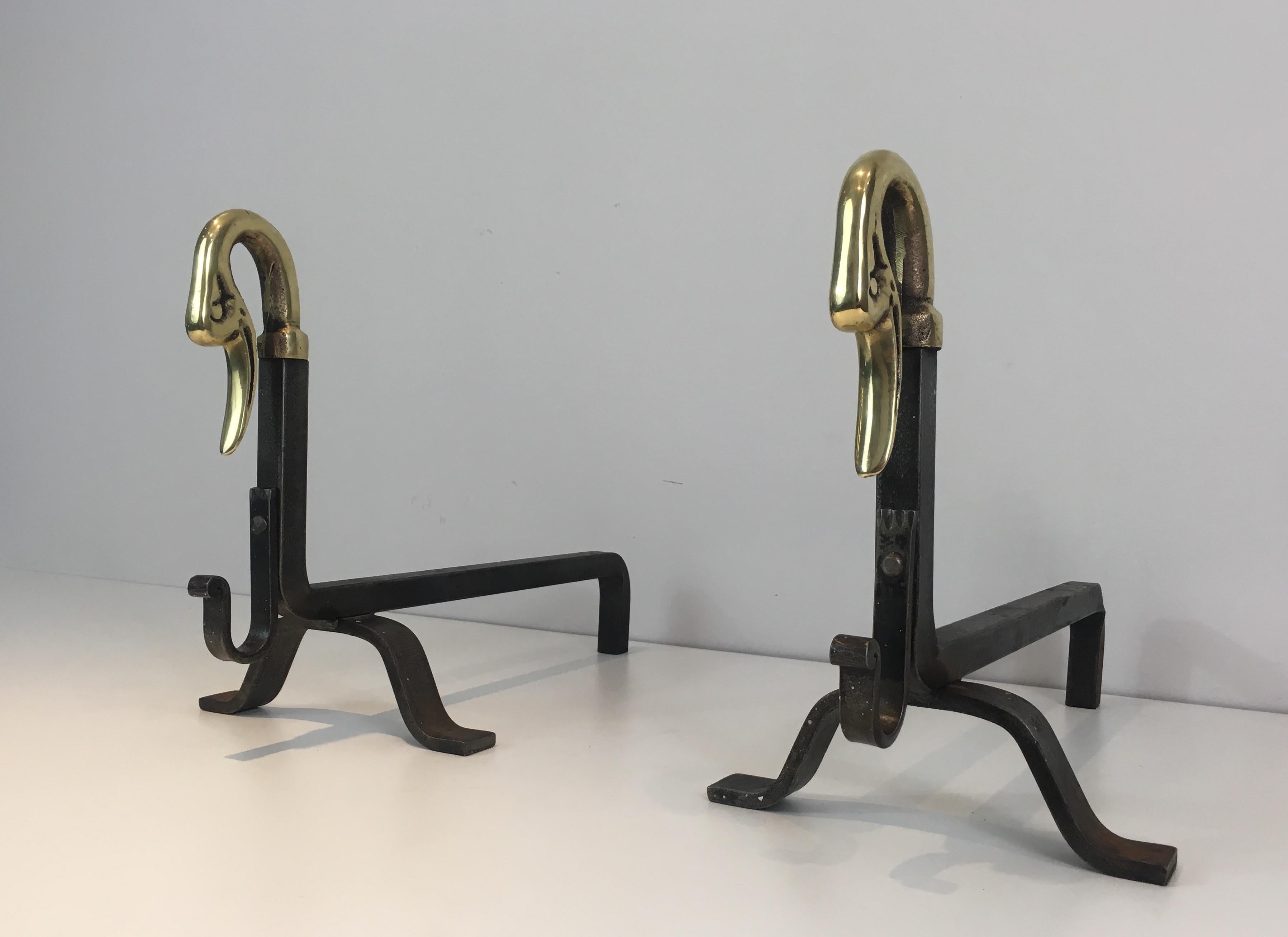 Pair of Iron and Bronze Andirons with Duck Heads, French, circa 1940 For Sale 8
