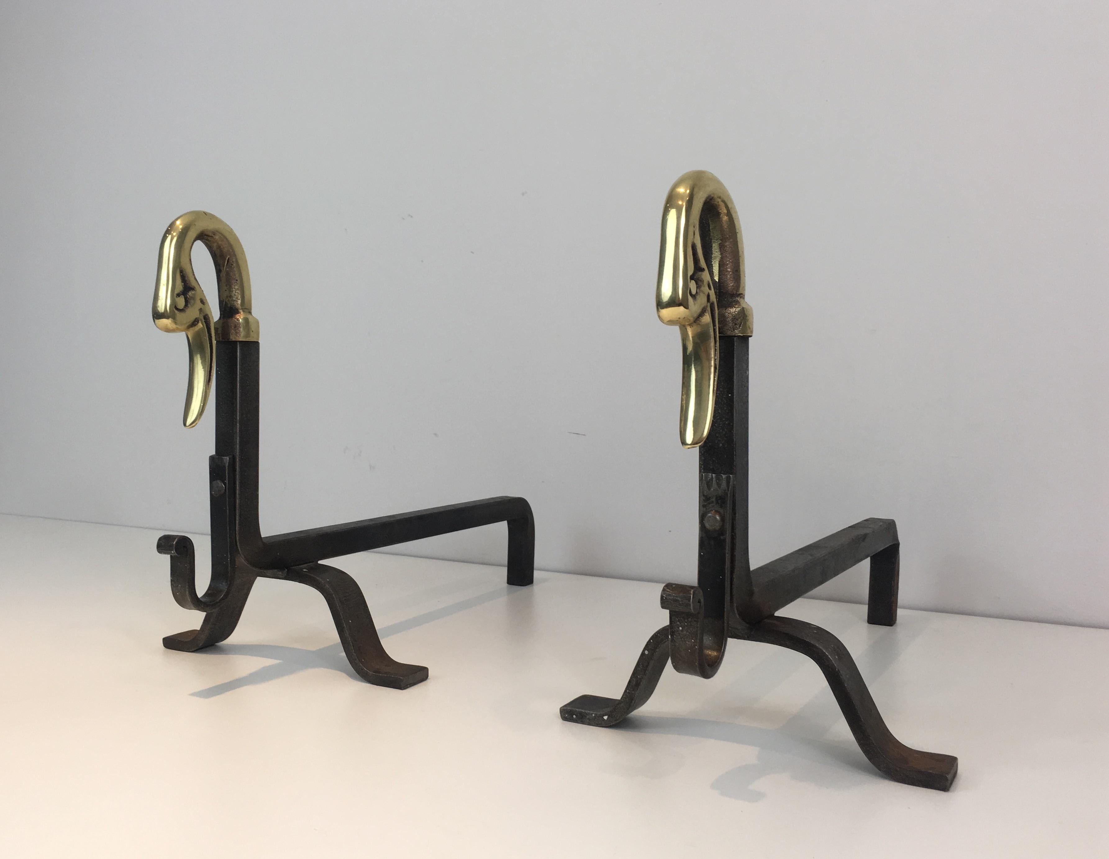 Pair of Iron and Bronze Andirons with Duck Heads, French, circa 1940 For Sale 9