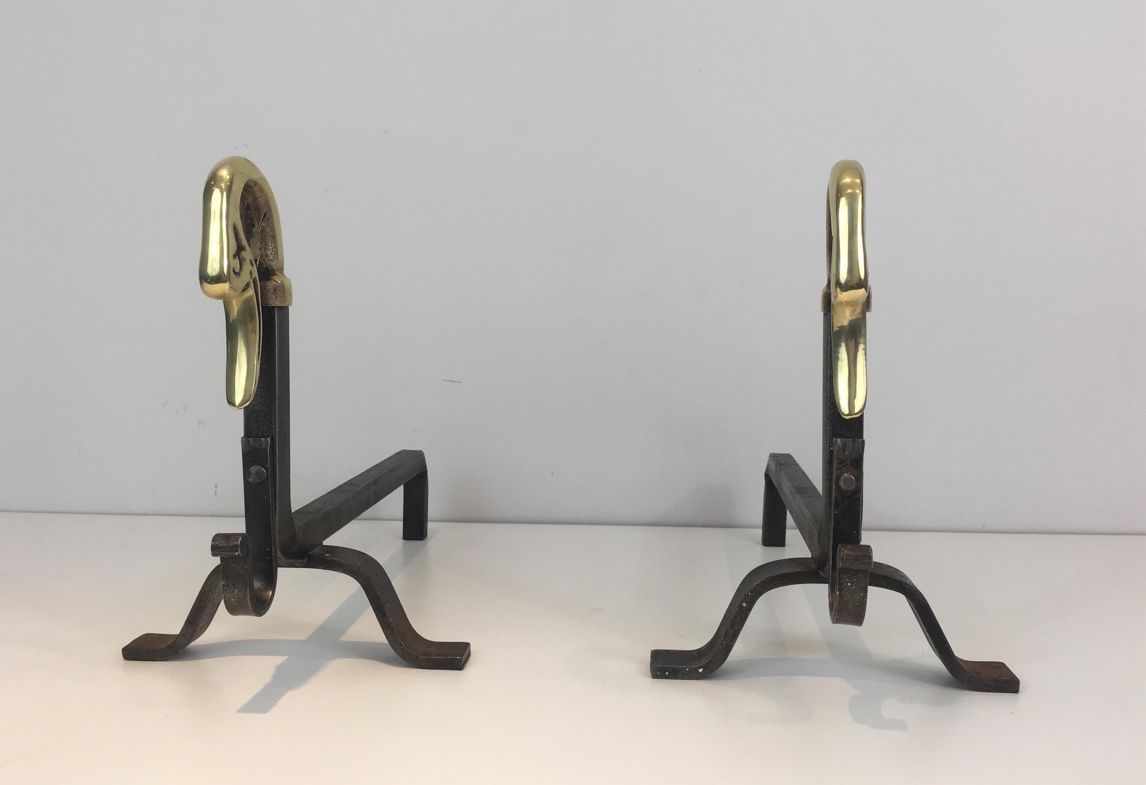 Mid-20th Century Pair of Iron and Bronze Andirons with Duck Heads, French, circa 1940 For Sale