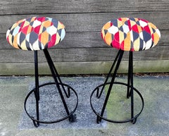 Pair of Iron and Fabric Hairpin Stools in the style of Frederic Weinberg, 1950s