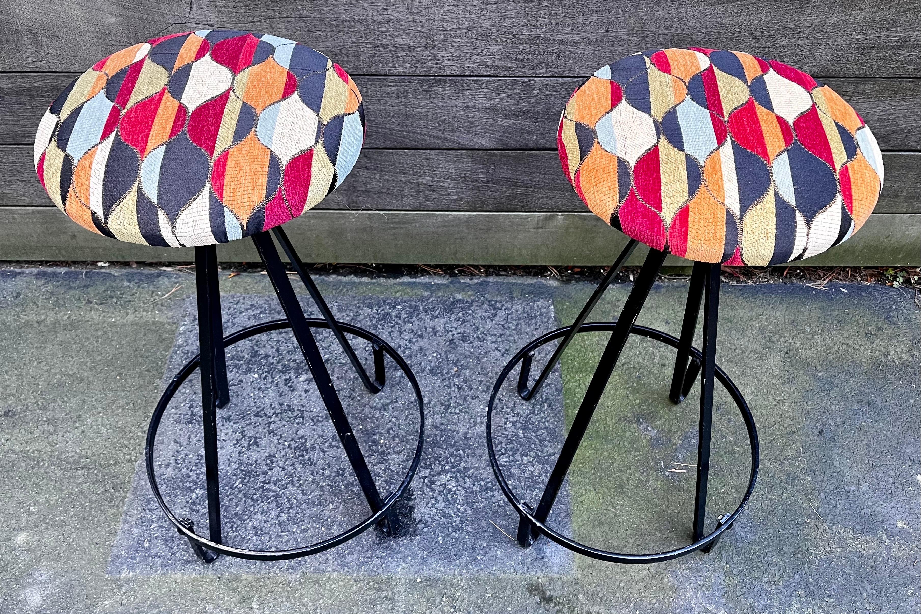 Mid-Century Modern Pair of Iron and Fabric Hairpin Stools in the style of Frederic Weinberg, 1950s For Sale