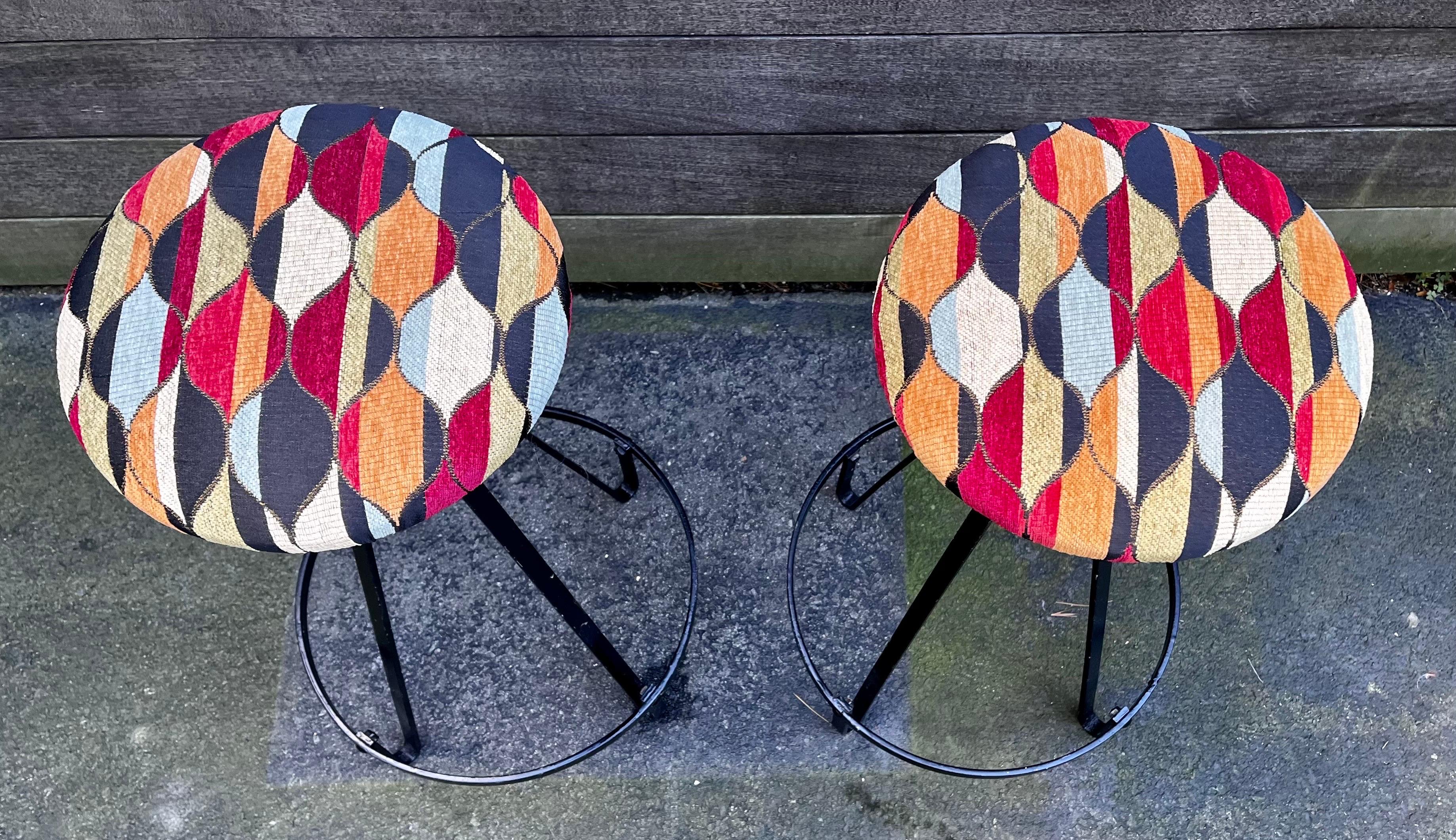 American Pair of Iron and Fabric Hairpin Stools in the style of Frederic Weinberg, 1950s For Sale